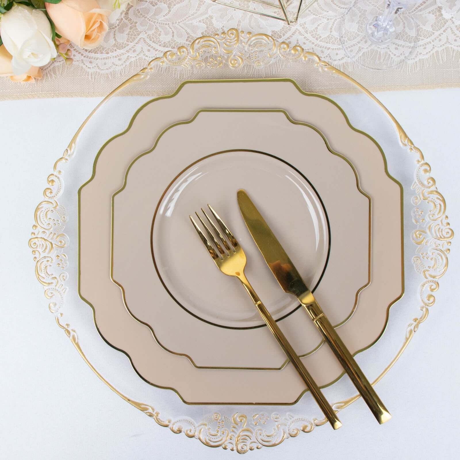 10-Pack Plastic Dinner Plates in Taupe Baroque Design with Scalloped Gold Rim - Heavy Duty Disposable Party Plates 11