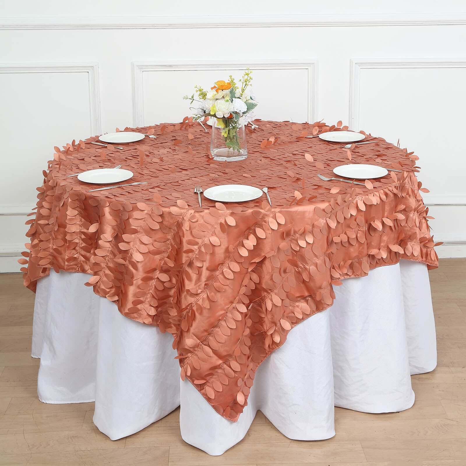 Taffeta 72x72 Table Overlay Square Tablecloth Terracotta (Rust) - 3D Leaf Petal Table Cover