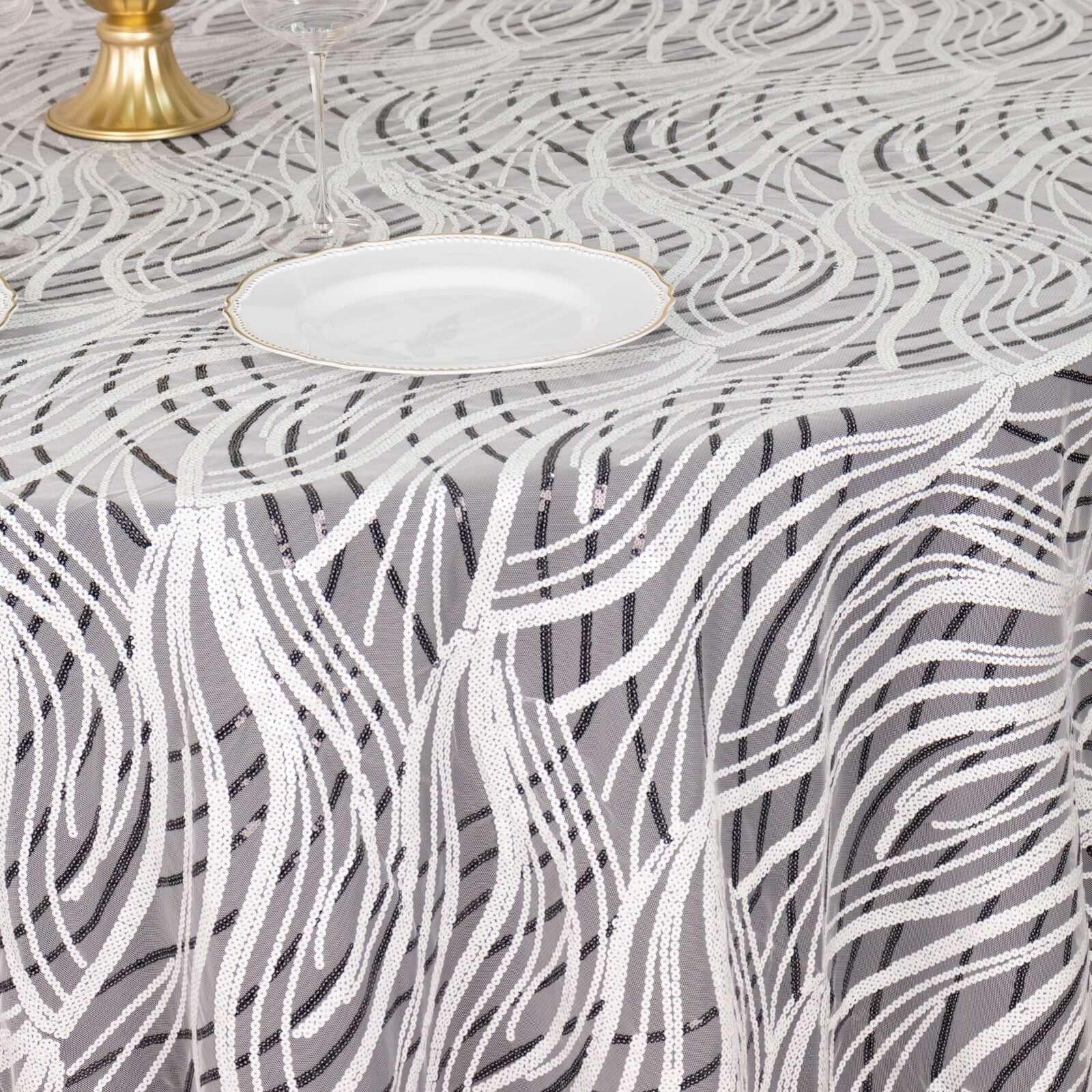 Sequin Mesh 120 Round Tablecloth White Black - Seamless Wave Embroidered Table Cover