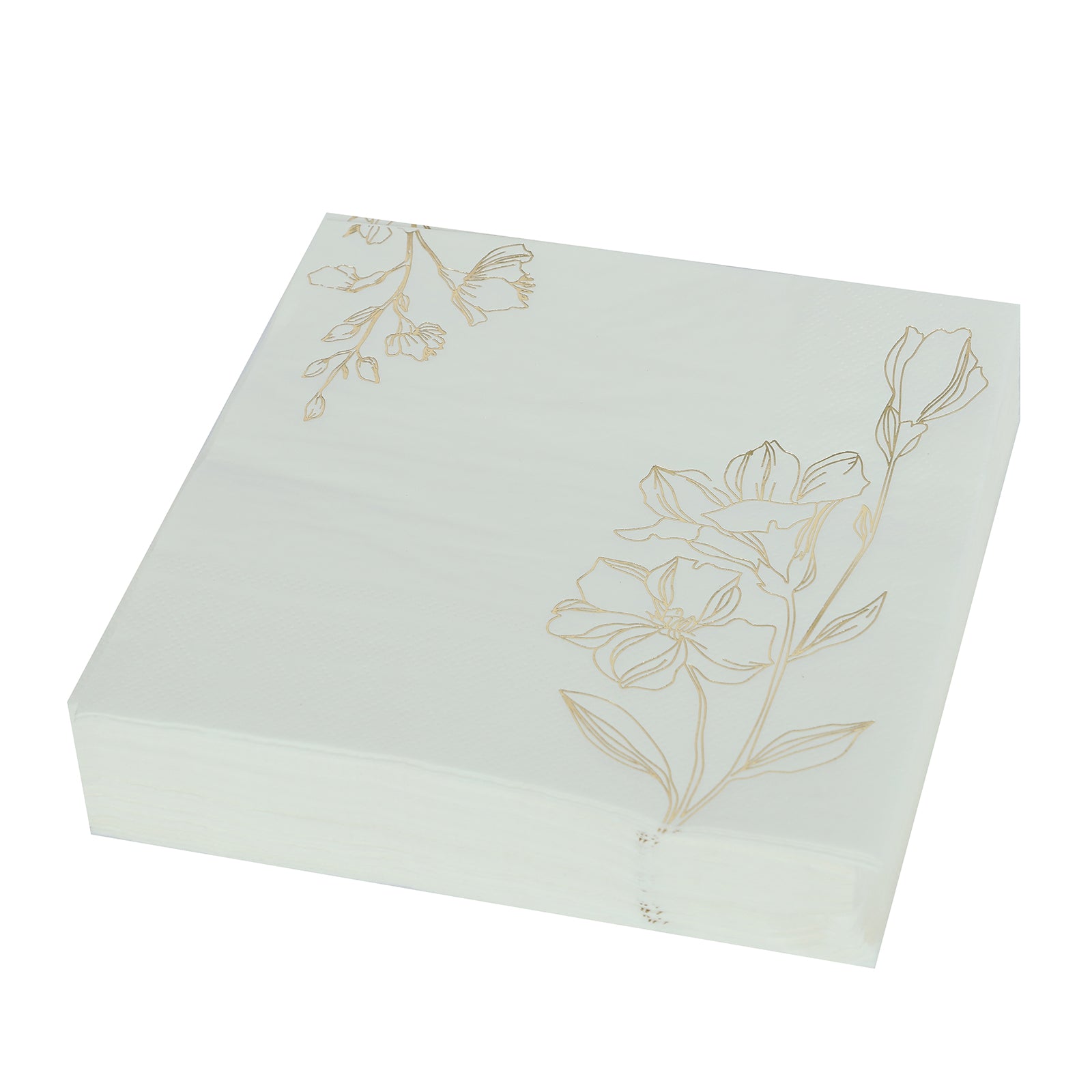 50-Pack Paper Cocktail Napkins with Gold Lily Flowers Print White - Highly 2 Ply Absorbent Soft Napkins for Beverages