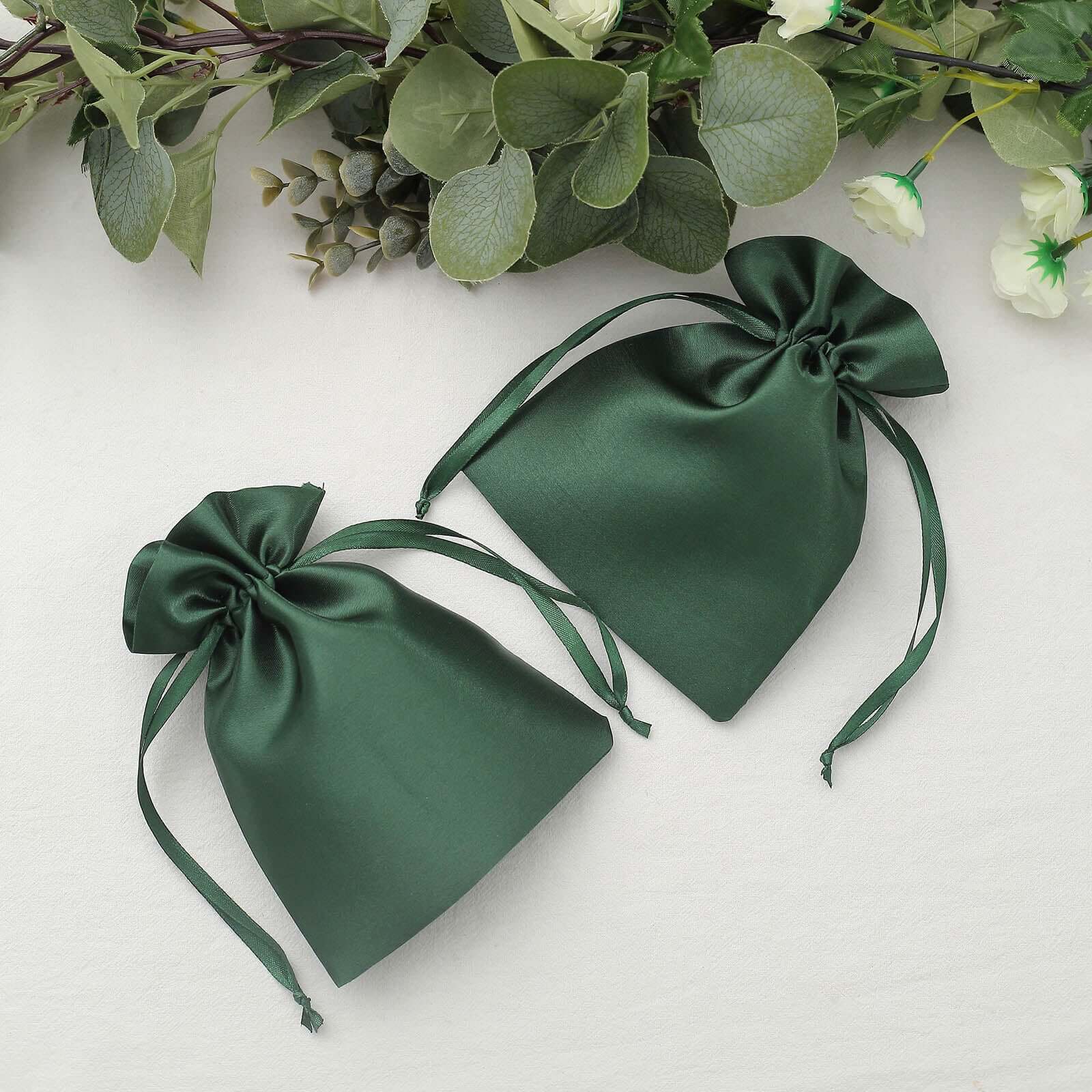 12 Pack 5x7 Hunter Emerald Green Satin Wedding Party Favor Bags, Drawstring Pouch Gift Bags