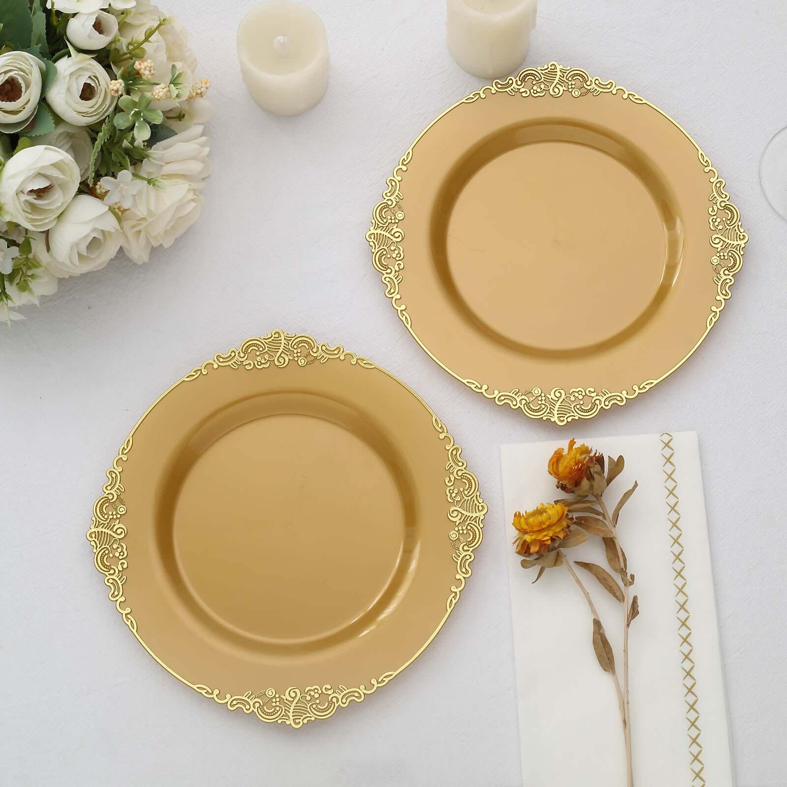 10-Pack Plastic 8 Round Dessert Plates in Gold with Leaf Embossed Rim - Disposable Vintage Baroque Style Salad Plates for Luxurious Gatherings & Events