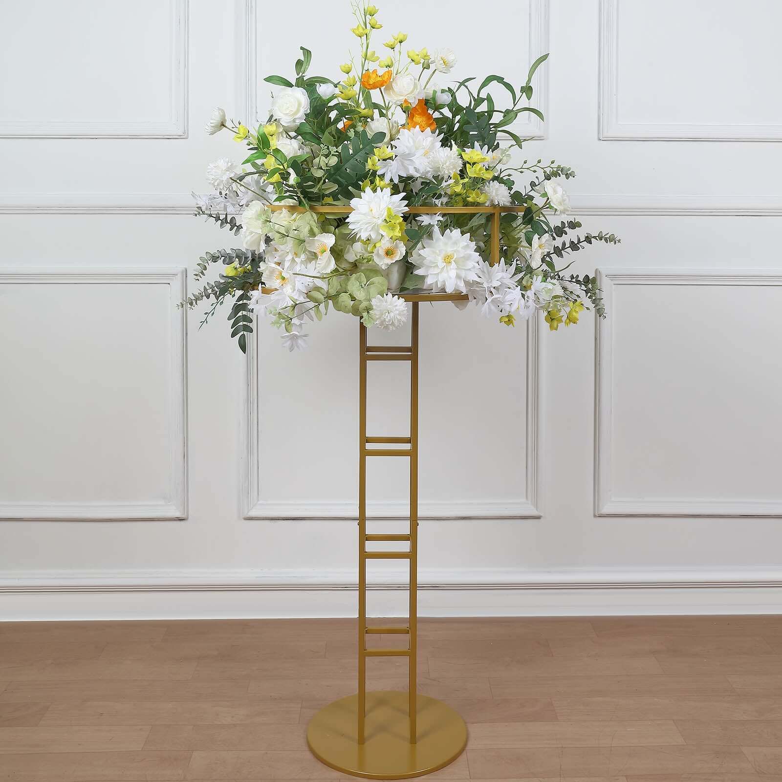 Metal Wedding Centerpiece Open Frame Design Gold - Grand Halo Top Floral Riser Pedestal 46