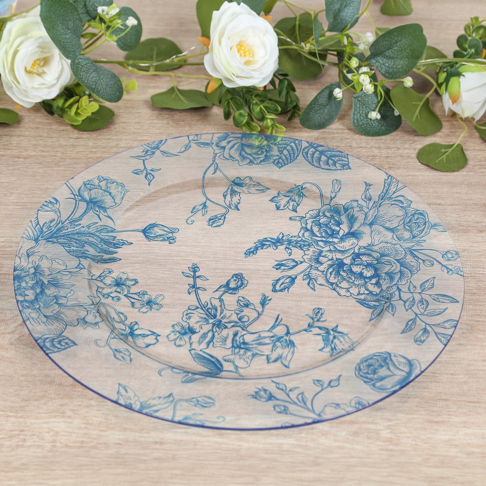 6 Pack Round Floral Acrylic Charger Plates in French Toile Pattern, 13 Clear Light Blue Dinner Charger Event Tabletop Decor