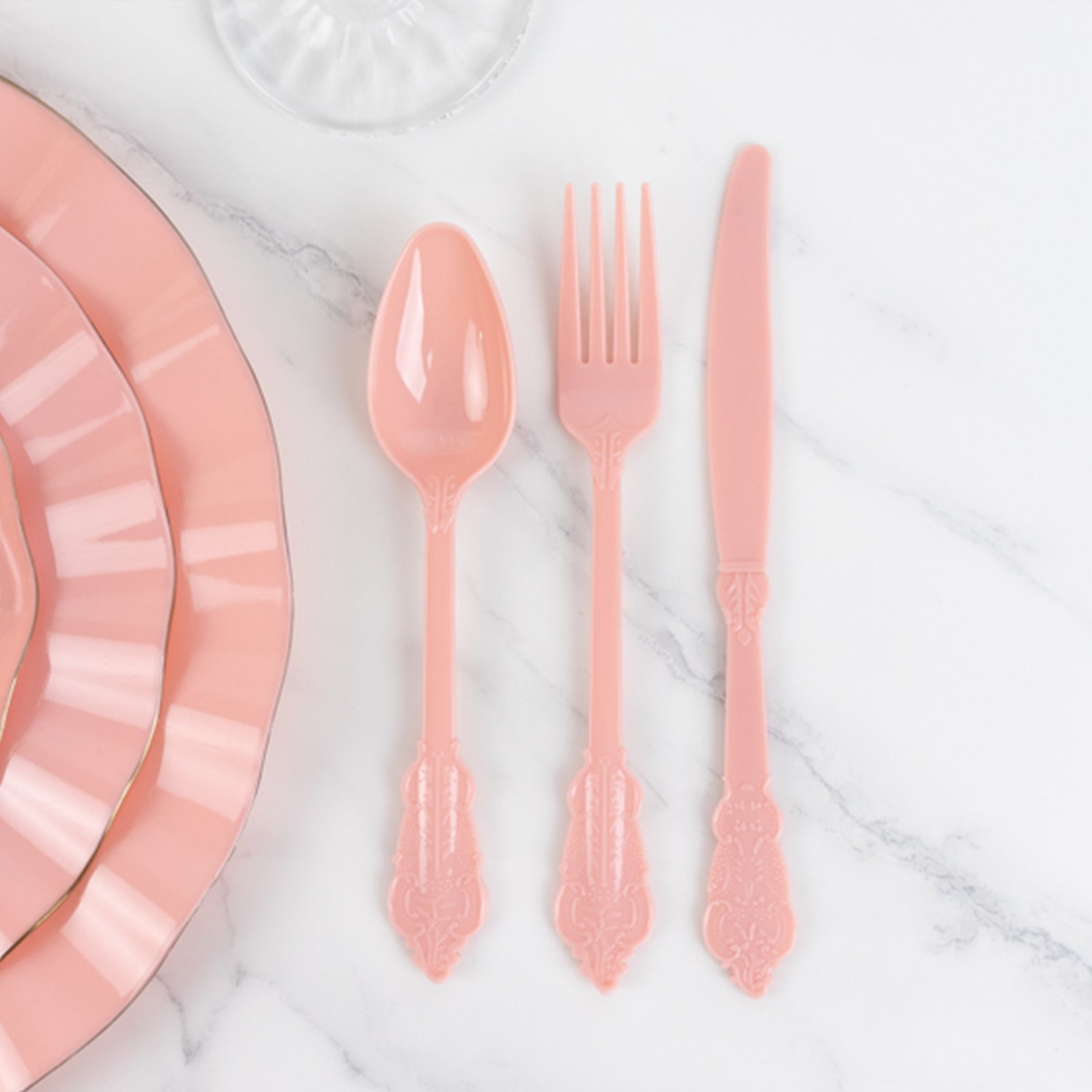 72 Pcs Plastic Silverware Set in Baroque Style Dusty Rose - Heavy Duty Disposable Knife, Fork, and Spoon Set