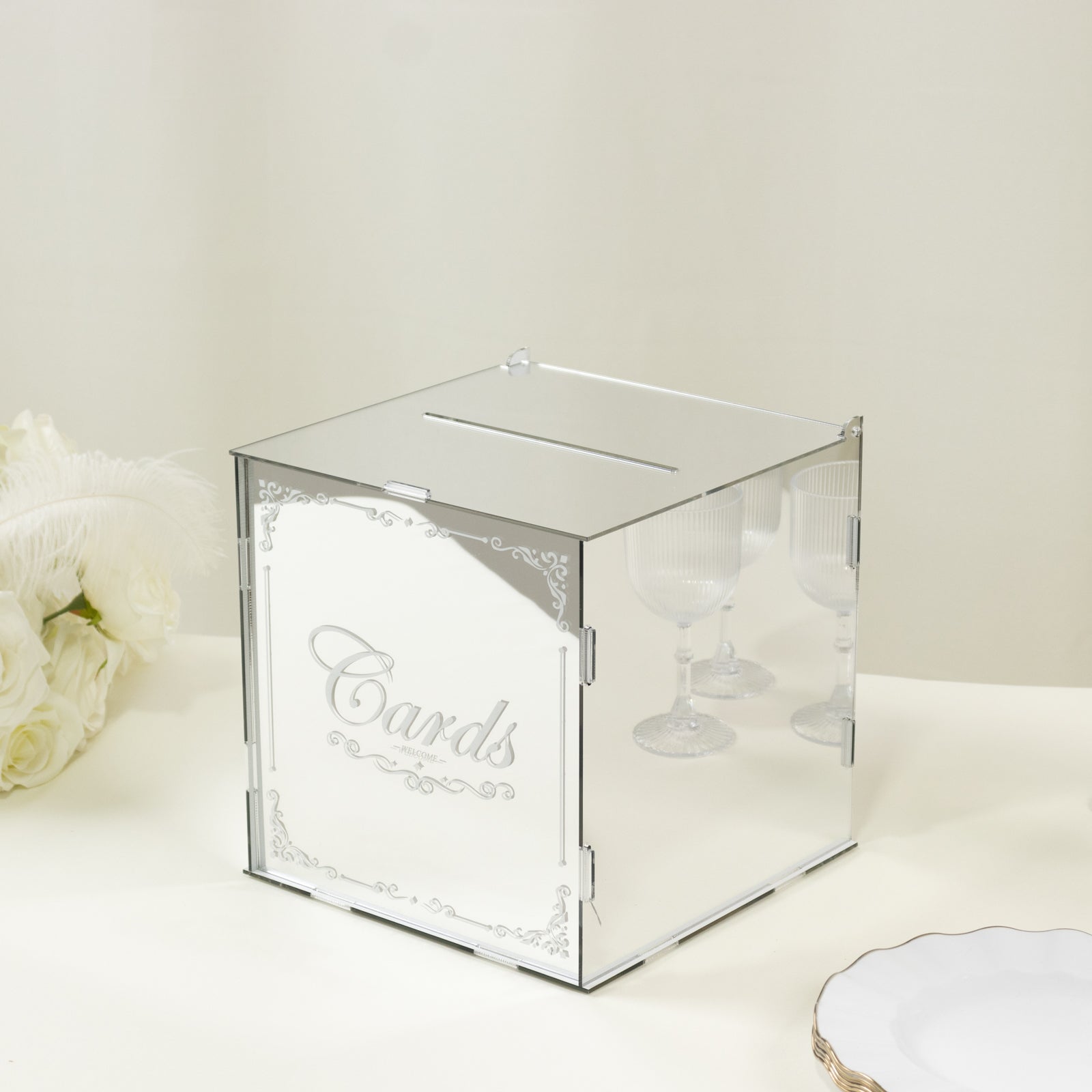 10 Silver Mirror Acrylic Wedding Card Box with Slot - Wishing Well Money Box for Reception, Graduation, and Events