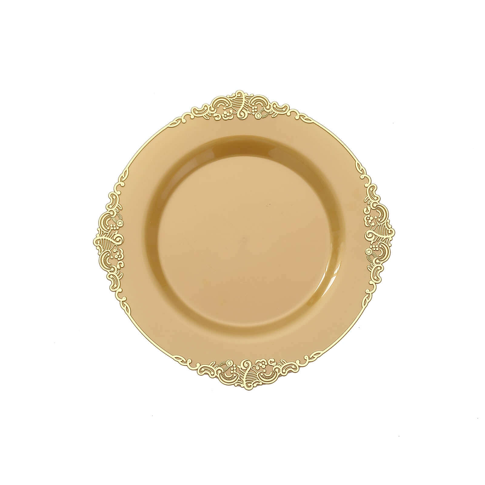 10-Pack Plastic 8 Round Dessert Plates in Gold with Leaf Embossed Rim - Disposable Vintage Baroque Style Salad Plates for Luxurious Gatherings & Events