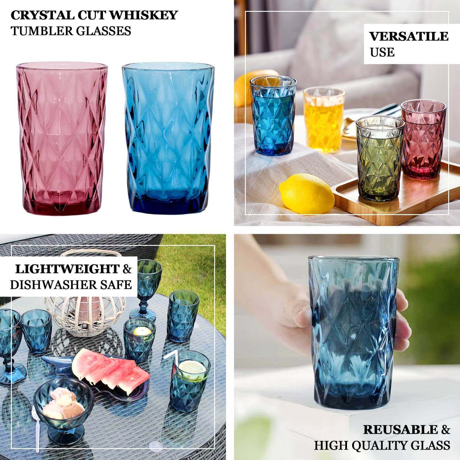 6-Pack Whiskey Glasses Clear Textured Crystal Cut Design with Heavy Base - Highball Tumblers for Parties & Events 12oz 5