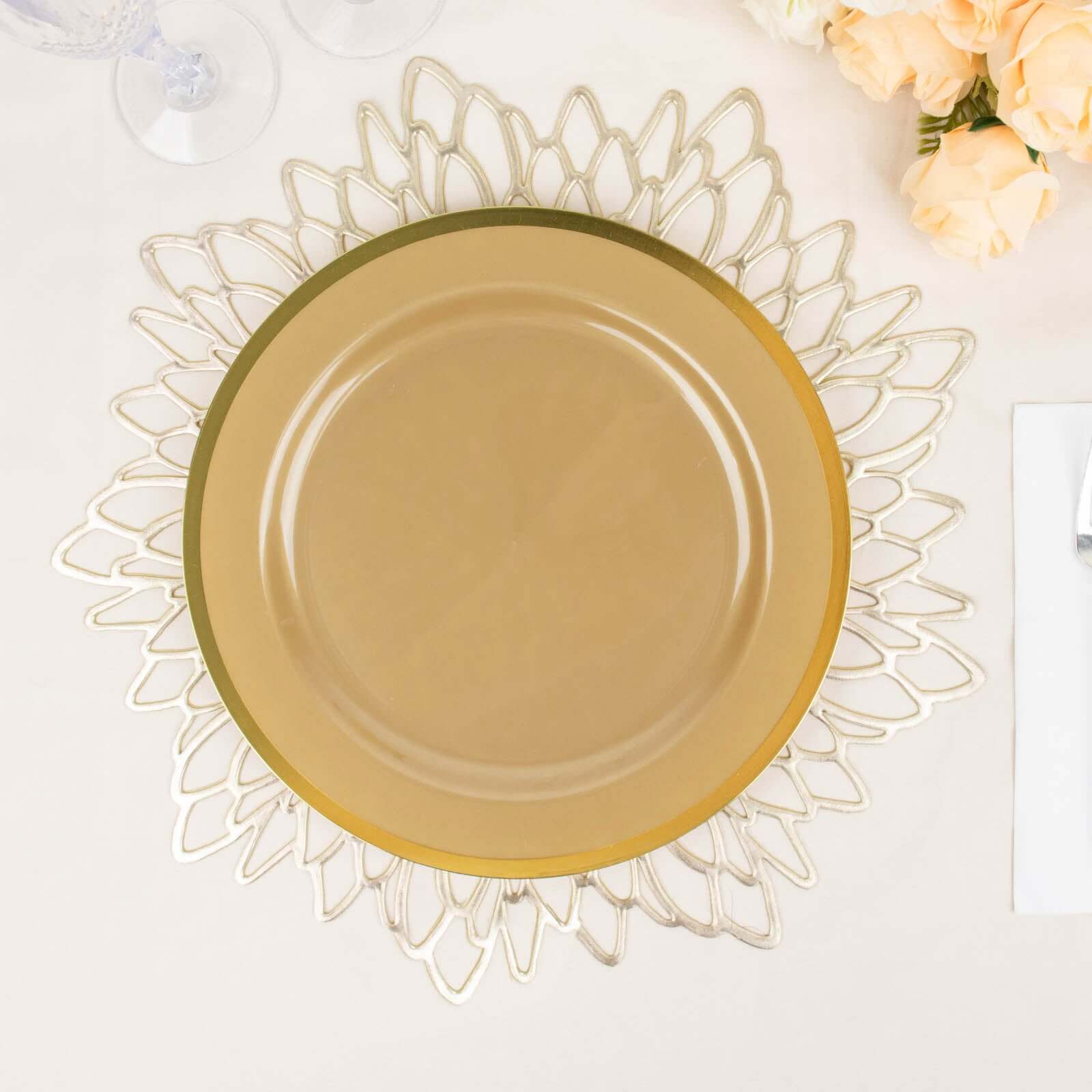 10-Pack Plastic 10 Round Dinner Plates in Gold with Gold Rim - Disposable Party Plates for Classy Banquets & Special Occasions