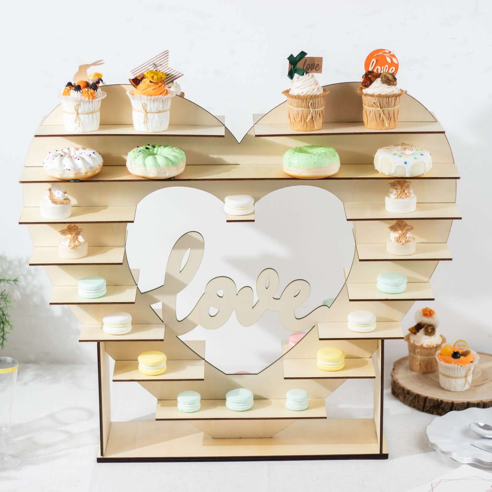 8-Layer Wooden Dessert Display Stand Heart Shaped Double Sided Design Natural - Love Cupcake Shelf Table Rack 26