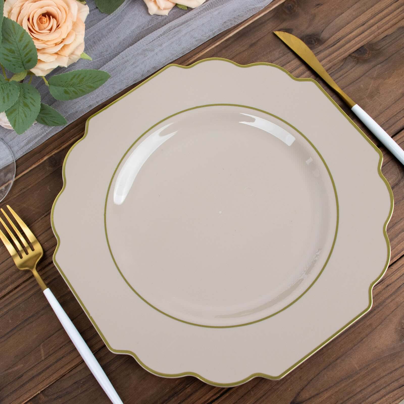 10-Pack Plastic Dinner Plates in Taupe Baroque Design with Scalloped Gold Rim - Heavy Duty Disposable Party Plates 11