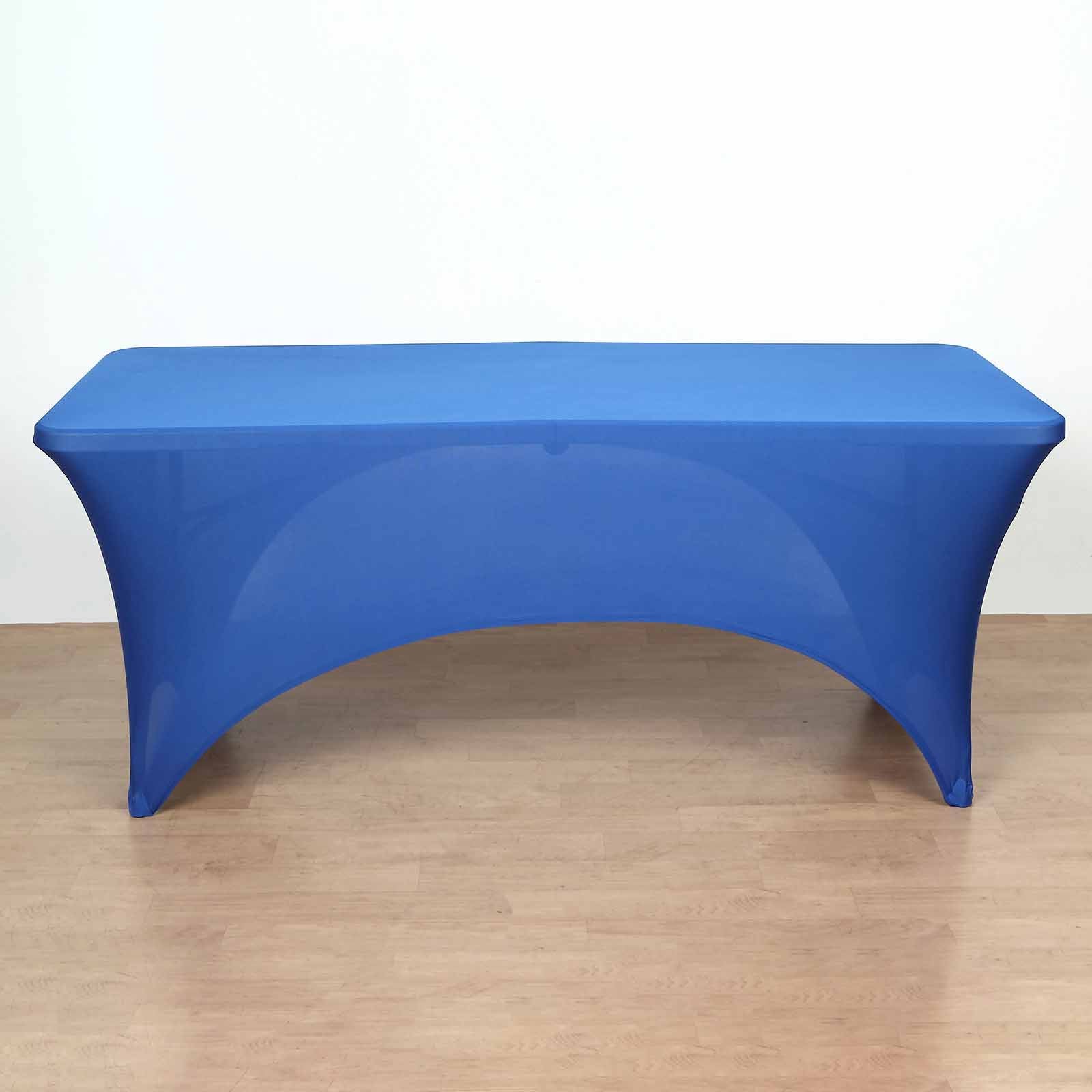 Stretch Spandex 96x30 Rectangle Table Cover Royal Blue with Curved Open Back Design Tailored Professional Look