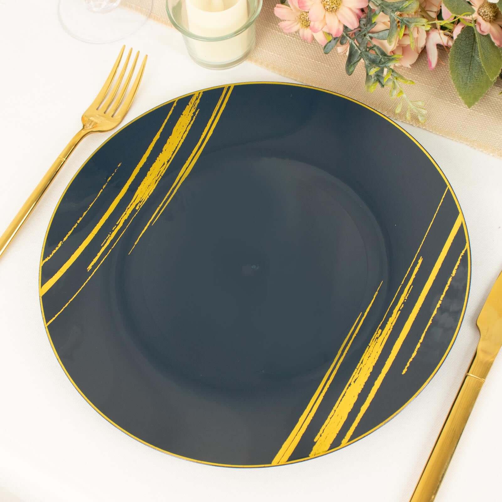 10-Pack Plastic 10 Round Dinner Plates in Navy Blue with Gold Brush Stroked Print - Disposable Party Dinnerware