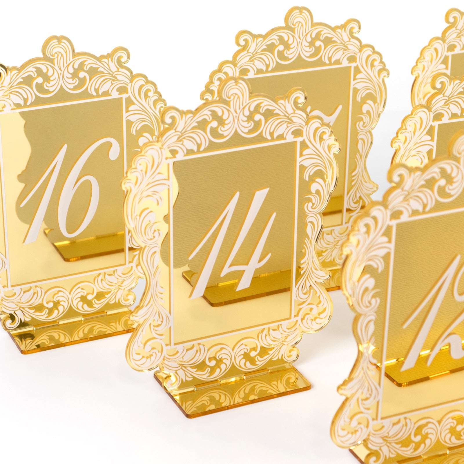 Gold Mirror Arch Acrylic Table Numbers (11-20) - 5x7 Wedding Reception Signs with Baroque Lace Border, White Print & Stands