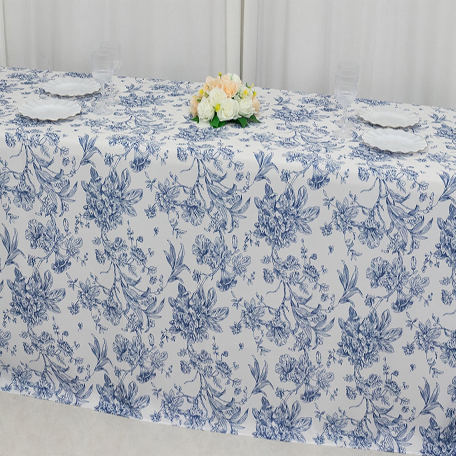 Polyester 90x132 Rectangle Tablecloth White - Seamless Blue French Toile Pattern for Upscale Events