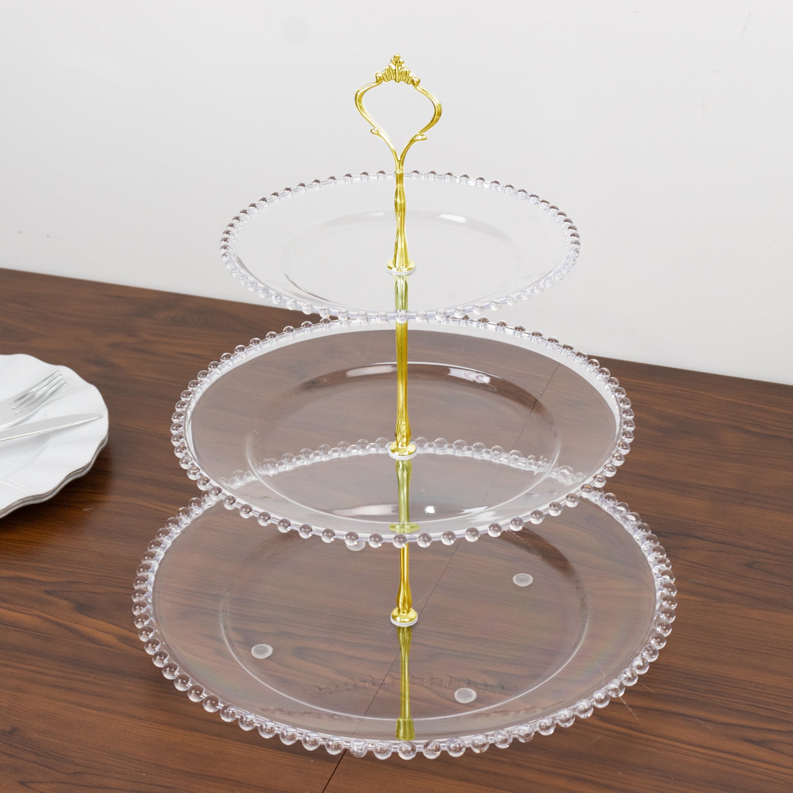 14 Clear 3-Tier Plastic Dessert Display Stand With Beaded Rim, Round Cupcake Tower Tea Party Serving Platter With Top Handle