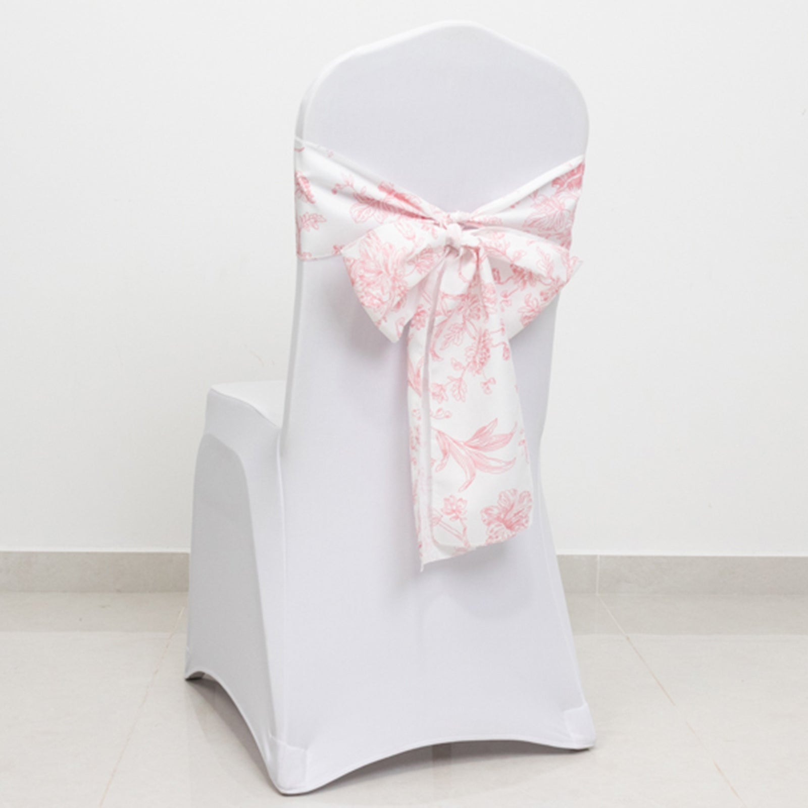 Polyester Chair Sashes White/Pink French Toile Floral Design - Wrinkle-Resistant & Durable Chair Bows 6x108