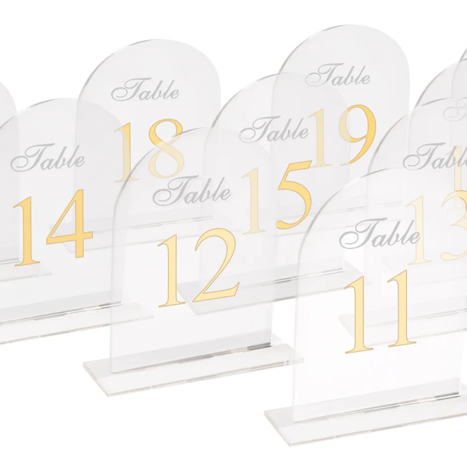 Clear Arch Acrylic Table Numbers (11-20) - 6x7 Wedding Reception Signs with Gold Print & Stands