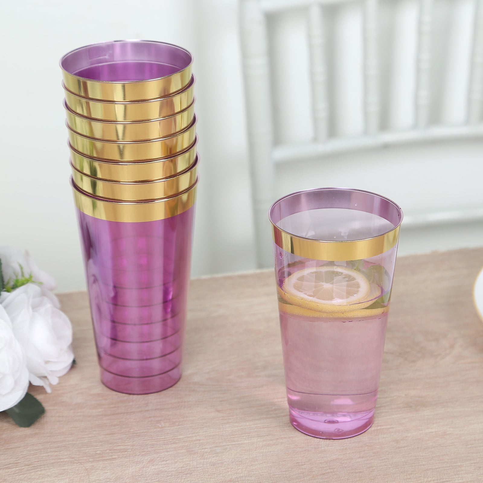 12-Pack Plastic Party Cups Transparent Purple with Gold Rim - Durable Disposable Tumblers for Drinks 17oz 5.5