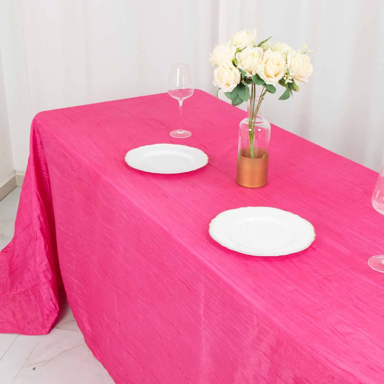 Taffeta 90x132 Rectangle Tablecloth Fuchsia - Seamless Accordion Crinkle Table Cover