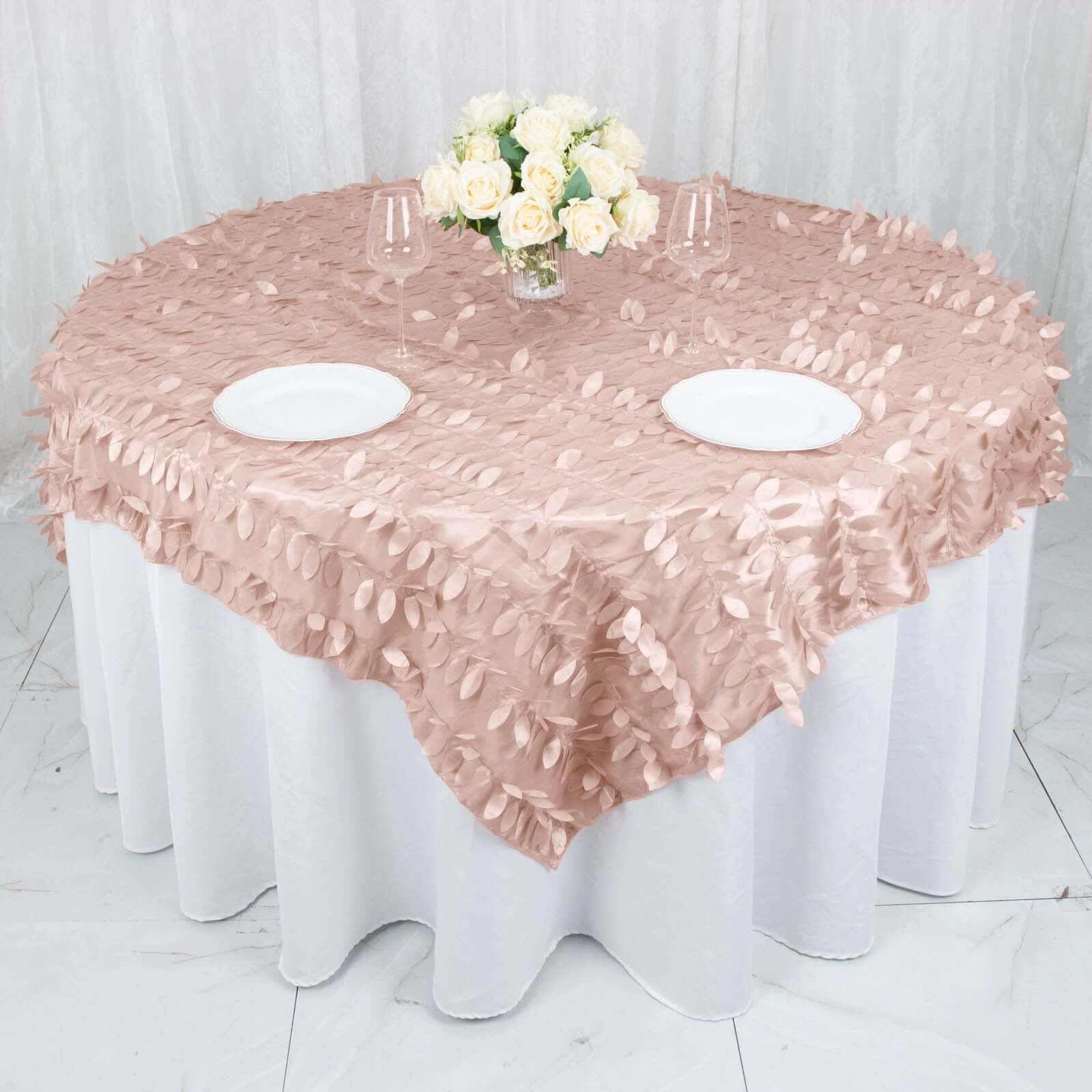 Taffeta 72x72 Table Overlay Square Tablecloth Dusty Rose - 3D Leaf Petal Table Cover