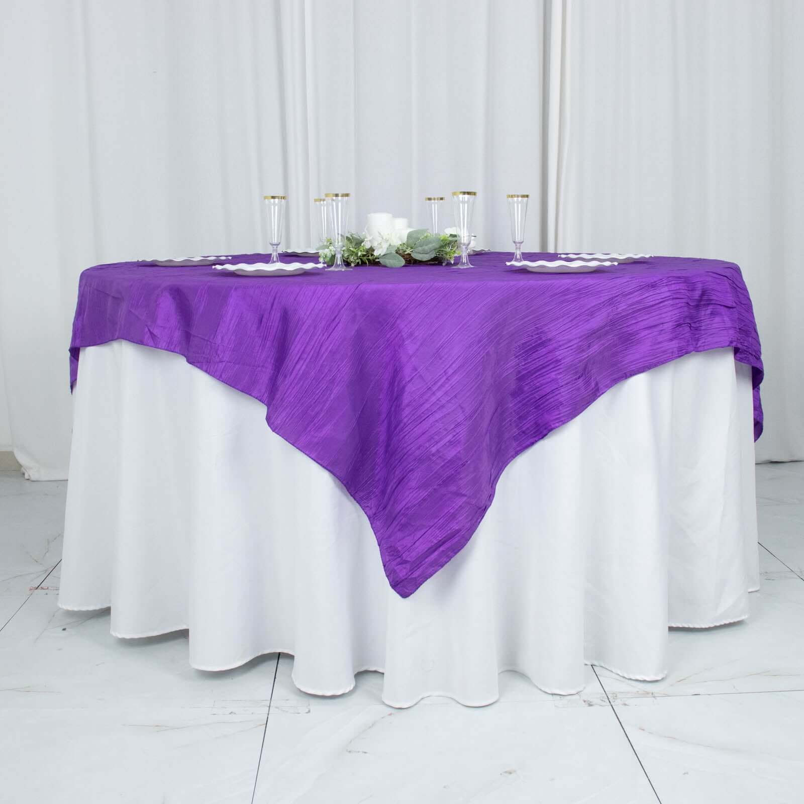 Taffeta 72x72 Table Overlay Square Tablecloth Purple - Accordion Crinkle Table Cover