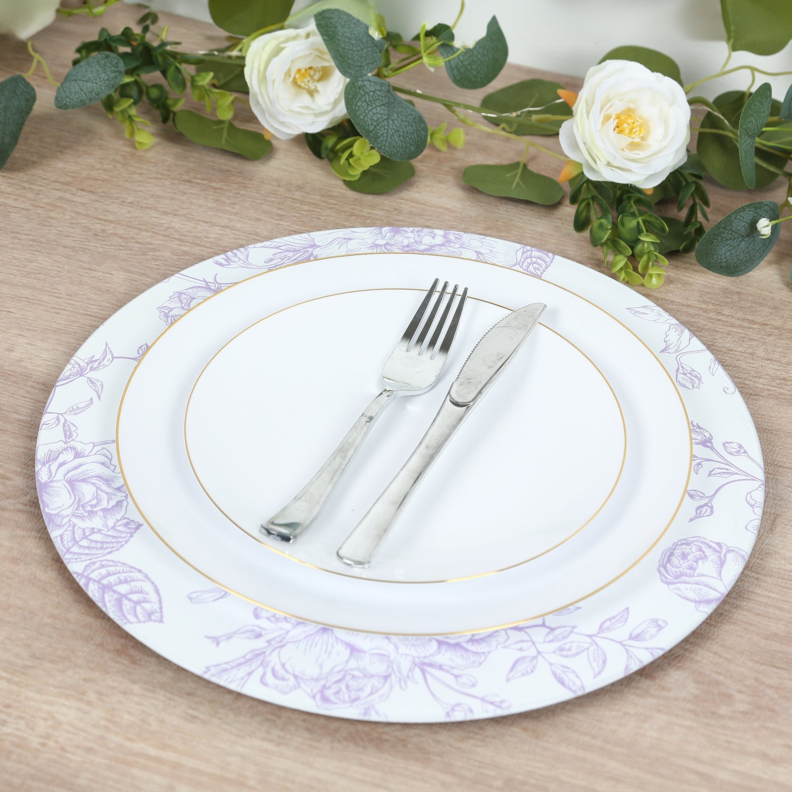 6 Pack Round Floral Acrylic Charger Plates in French Toile Pattern, 13 Matte Lavender and White Dinner Charger Event Tabletop Decor