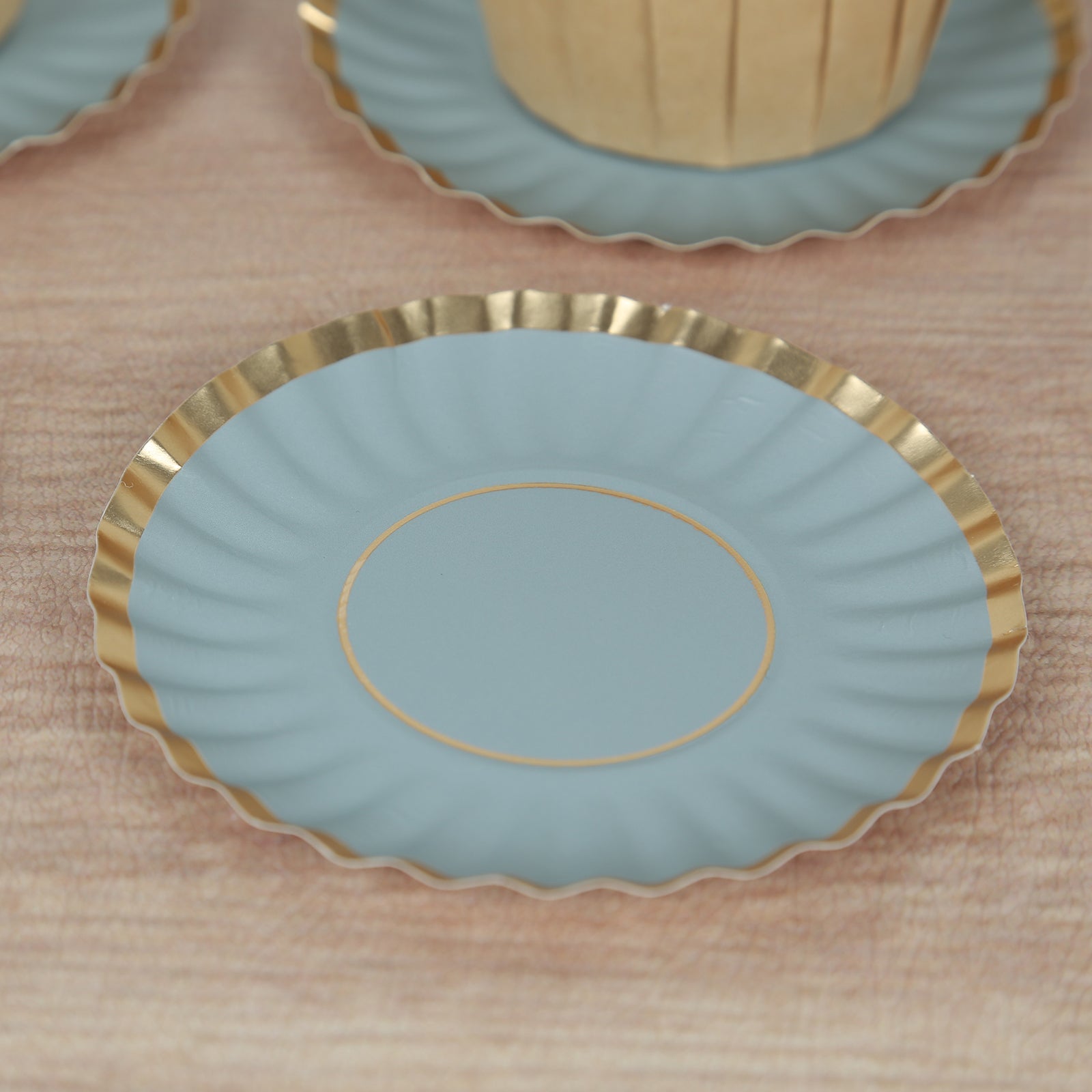 50-Pack Paper 3.5 Round Party Plates in Dusty Blue with Gold Scalloped Rim - Disposable Mini 250GSM Dessert Plates for Tapas, Appetizers & Finger Foods