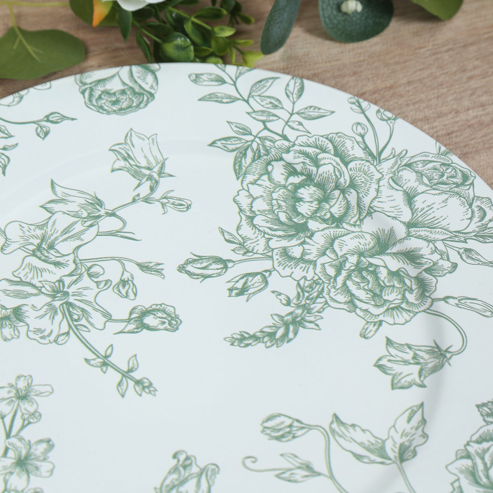 6 Pack Round Floral Acrylic Charger Plates in French Toile Pattern, 13 White Sage Green Dinner Charger Event Tabletop Decor