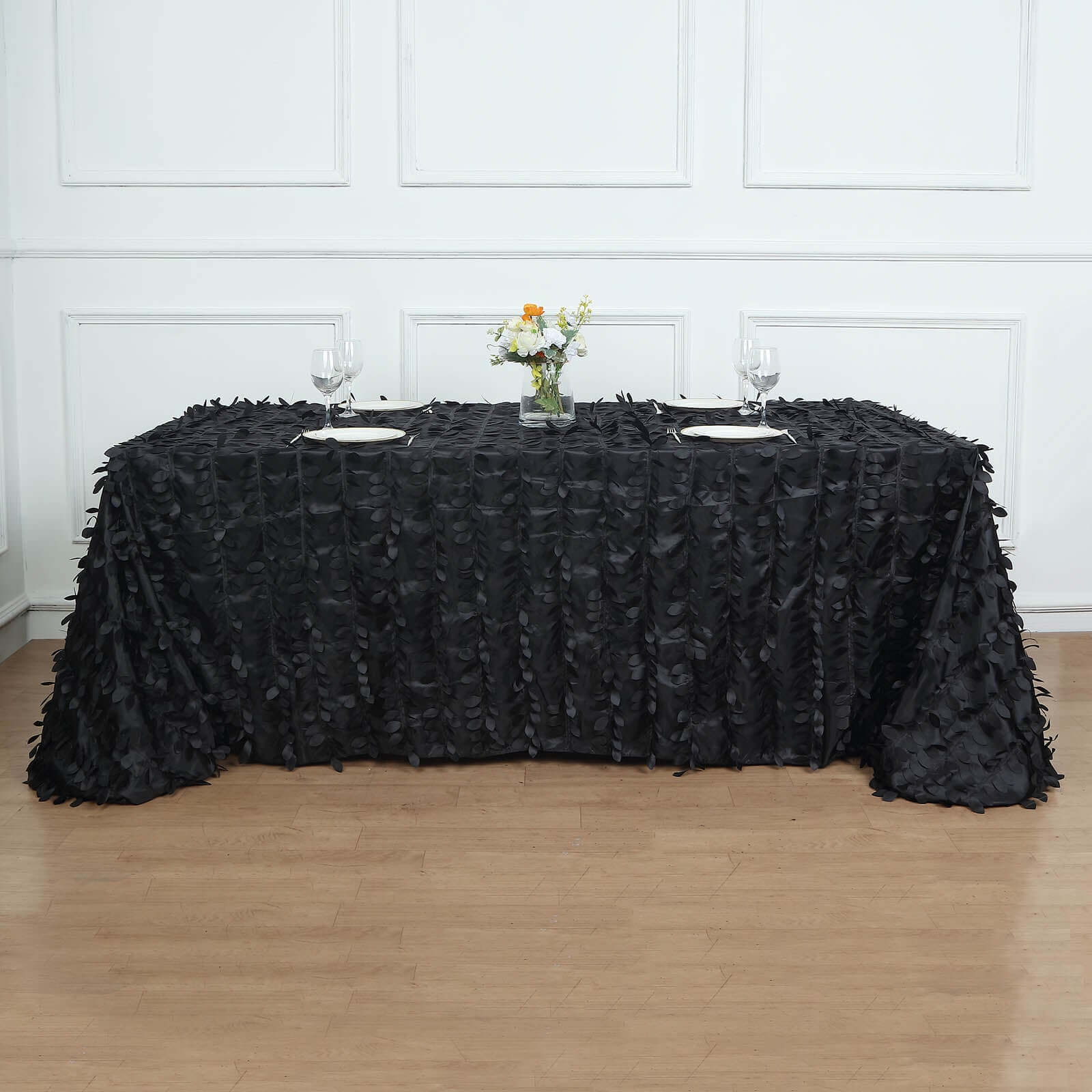Taffeta 90x156 Rectangle Tablecloth Black | 3D Leaf Petal Design Seamless Table Cover