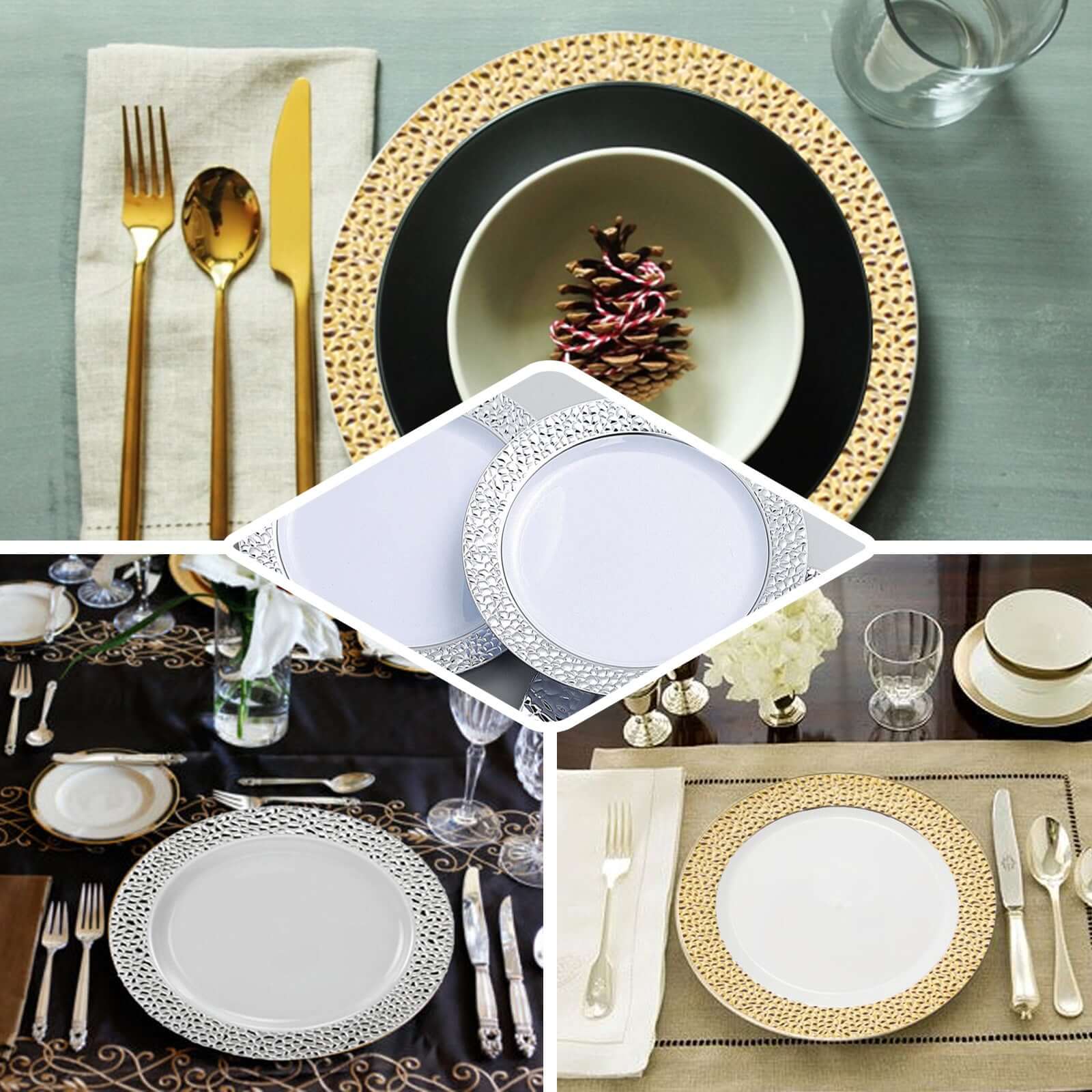 10-Pack Plastic 7.5 Round Appetizer Plates in Clear Hammered Design with Gold Rim - Disposable Salad Plates for Chic Banquets & Special Occasions