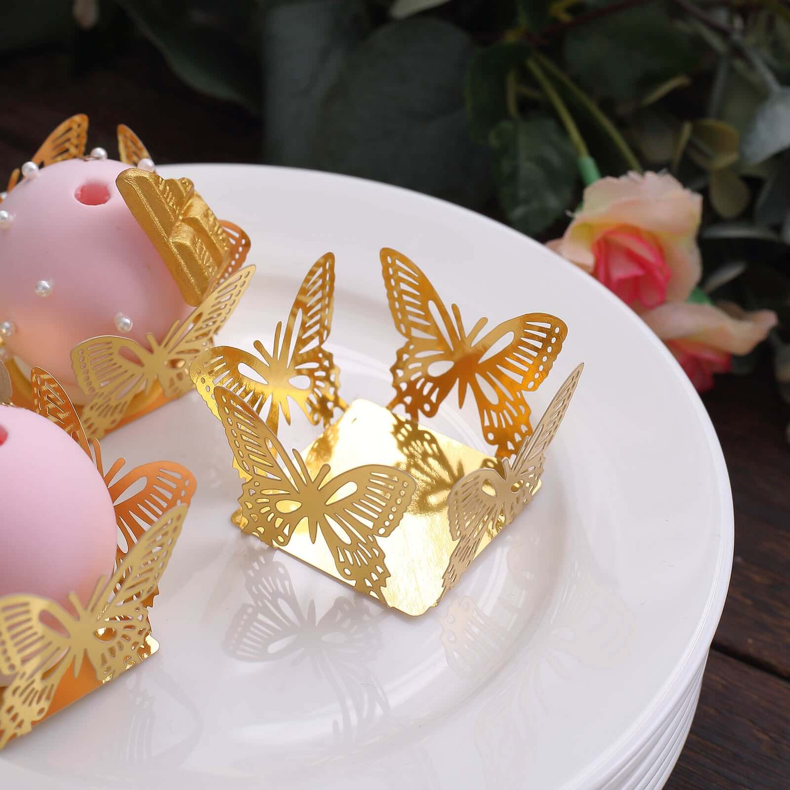 50-Pack Mini Paper Truffle Cup Liners Butterfly Square Design Metallic Gold - 225GSM Cupcake Tray Wrappers 4