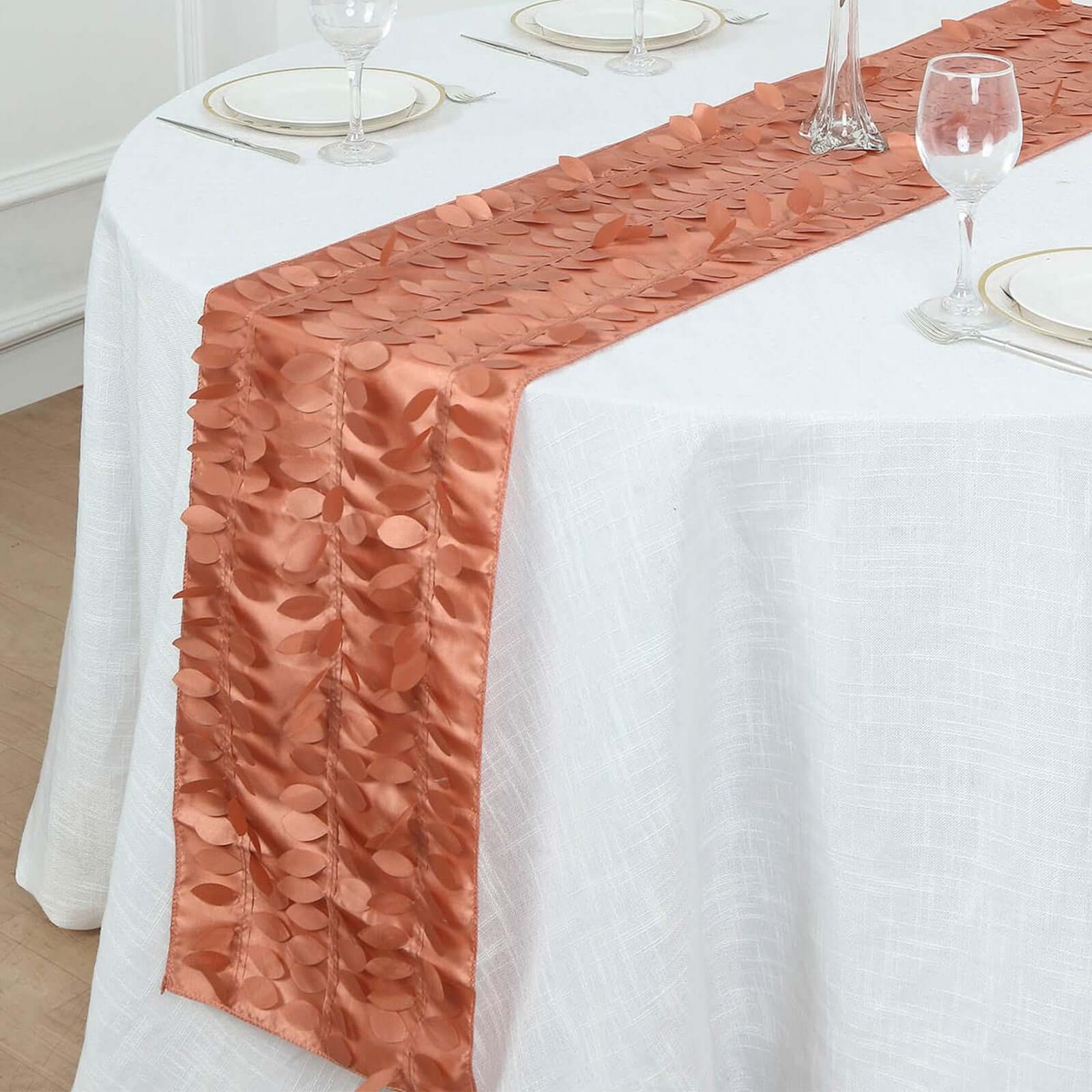 Taffeta Fabric 12x108 Table Runner Terracotta (Rust) - 3D Leaf Petal Design