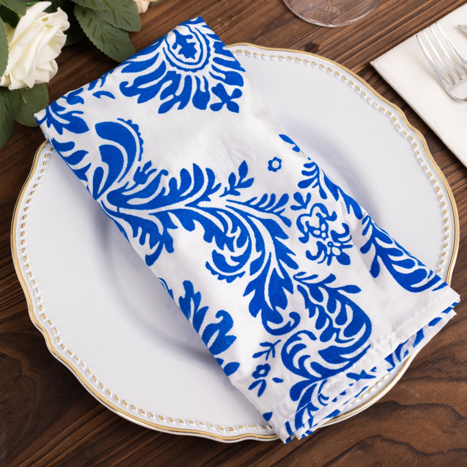 5 Pack Royal Blue White Damask Flocking Taffeta Napkins, Decorative Cloth Napkins for Weddings and Events - 20x20