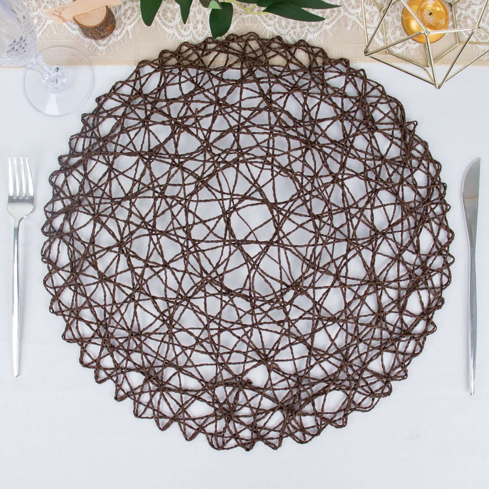 6-Pack Table Placemats Woven Fiber Design Dark Brown Round - Disposable Mats for Dining and Events 15