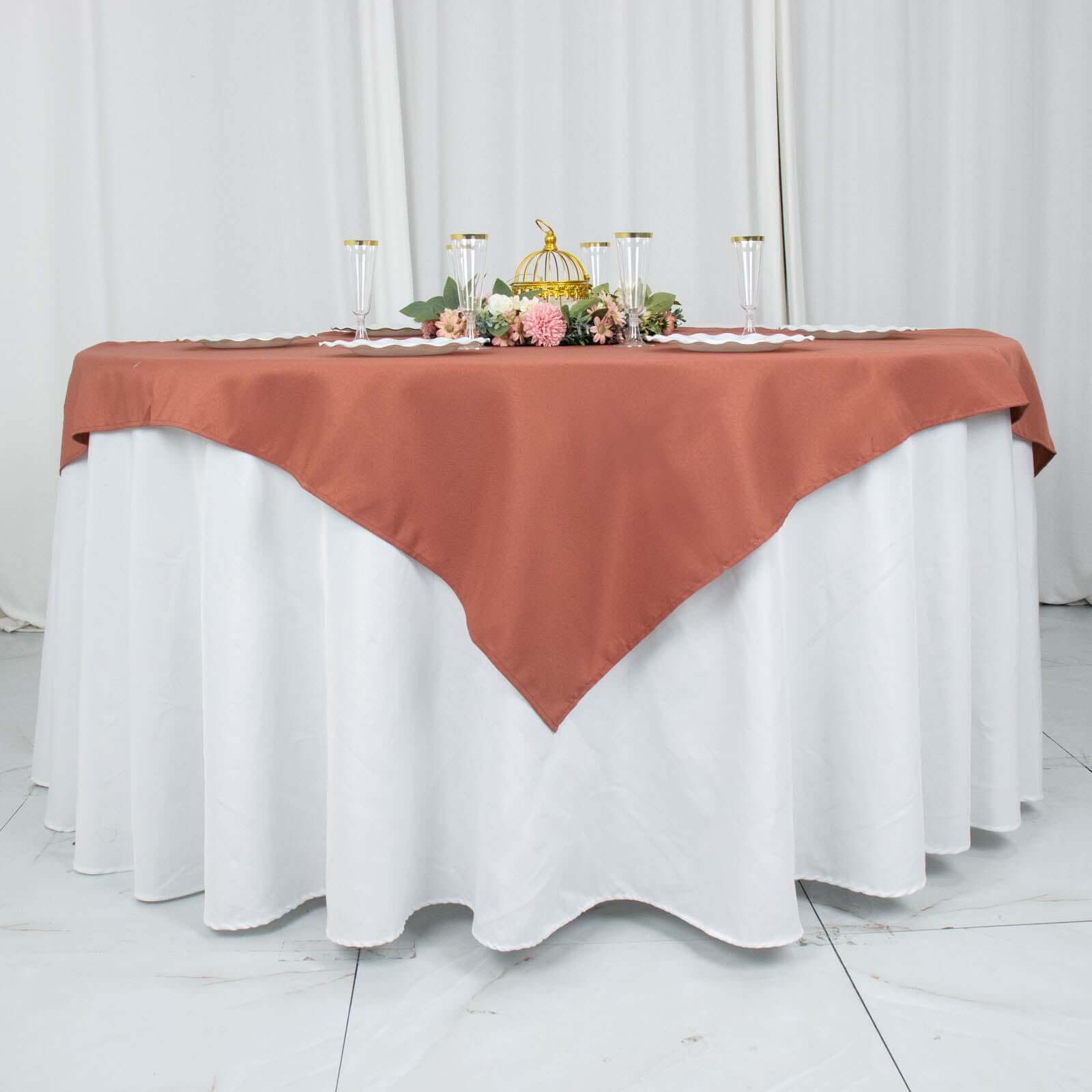 Premium Polyester 54x54 Table Overlay Square Tablecloth Terracotta (Rust) - Stain and Wrinkle-Resistant 220GSM Table Topper