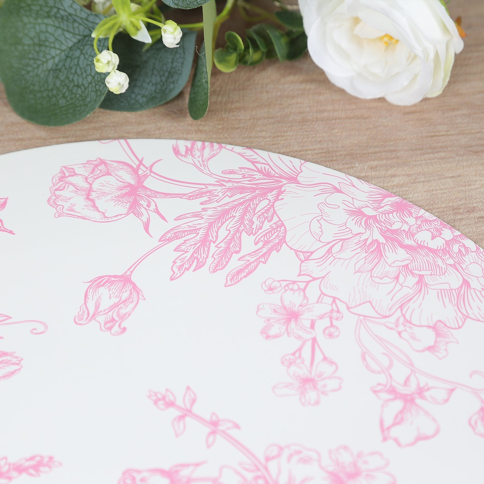 10-Pack Disposable Table Placemats in French Toile Print 13 in White/Matte Pink - Chic Floral Cardboard Placemats for Stylish Table Setting