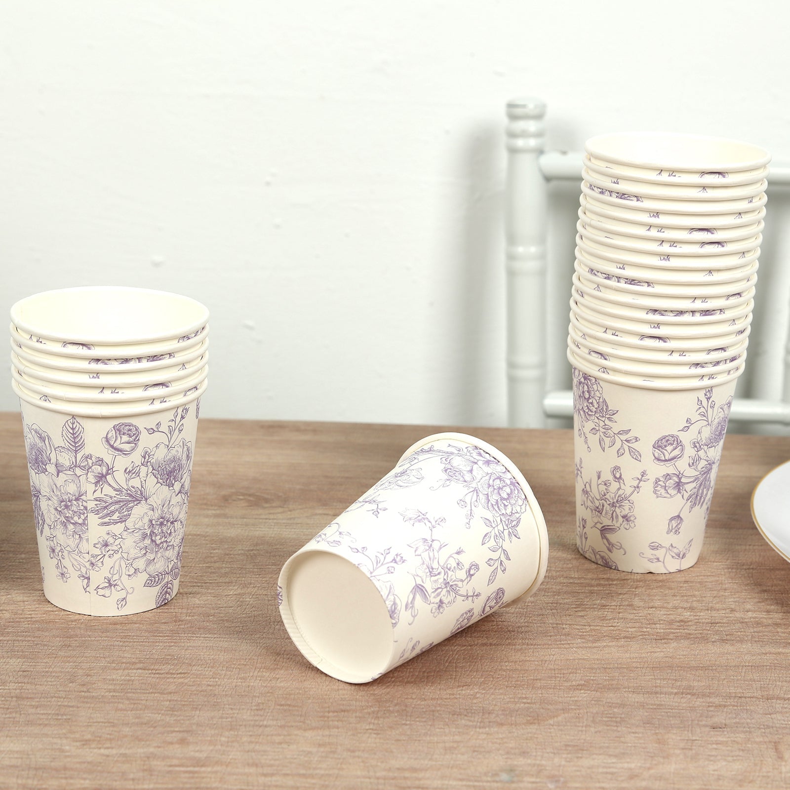 24-Pack Paper Cups in White with Lavender Lilac French Toile Print - Stylish Disposable Floral Party Cups for Weddings & All Purpose Use 9oz