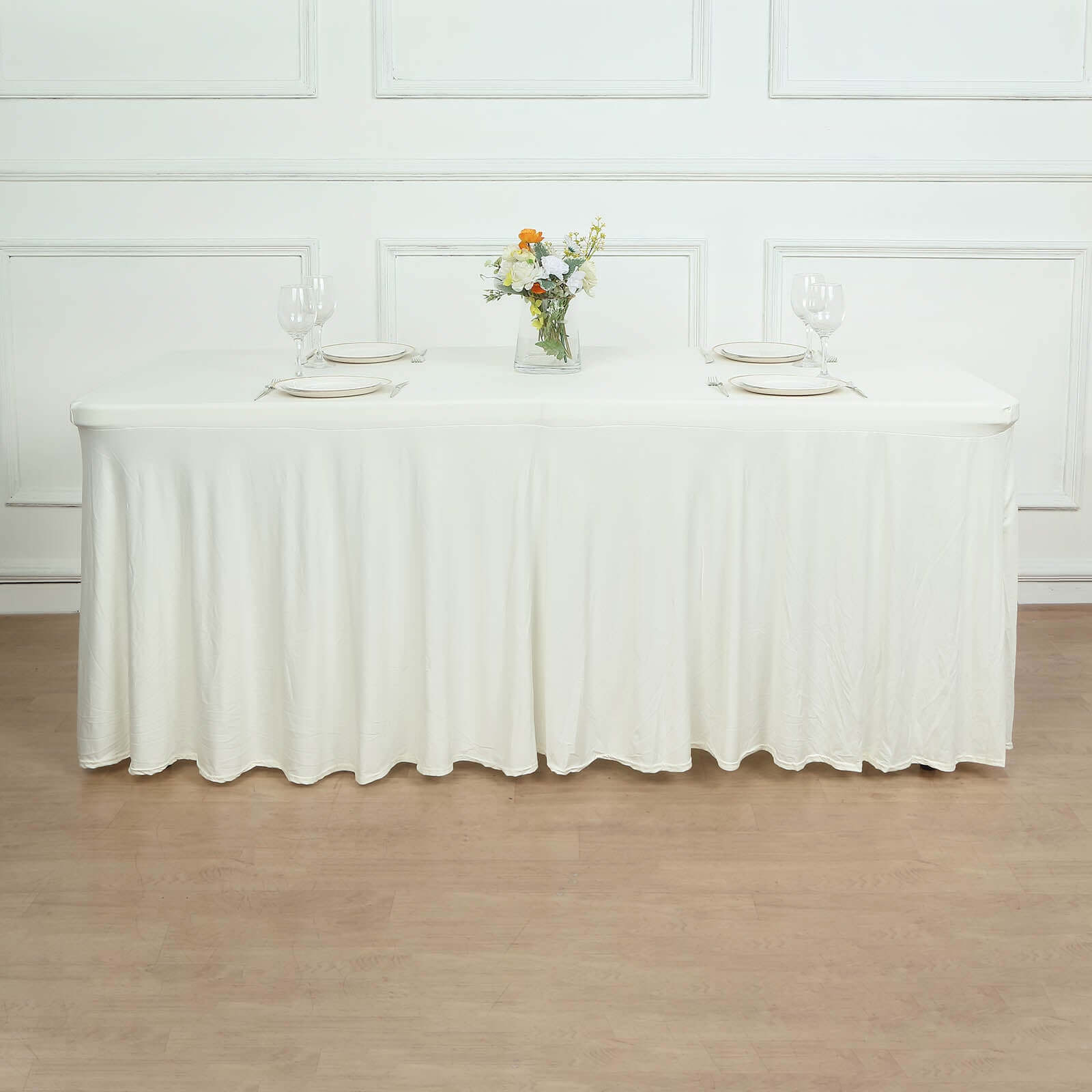 Spandex Rectangle 72x30 Table Skirt Ivory with Wavy Skirt-Like Effect Table Cover