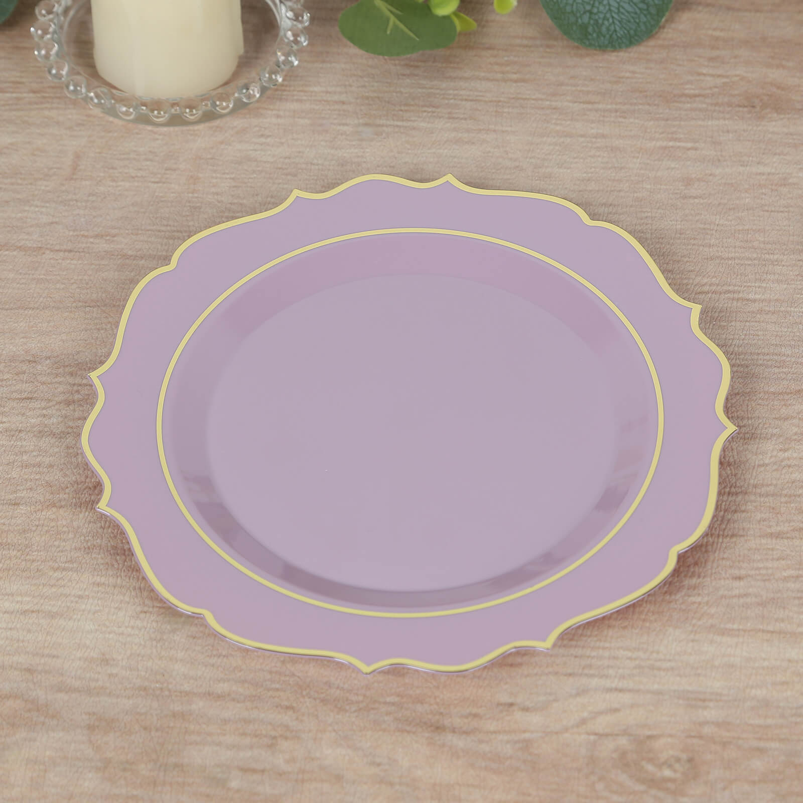 10-Pack Plastic 8 Round Desert Plates in Lavender Lilac with Gold Scalloped Rim - Disposable Appetizer/Salad Plates