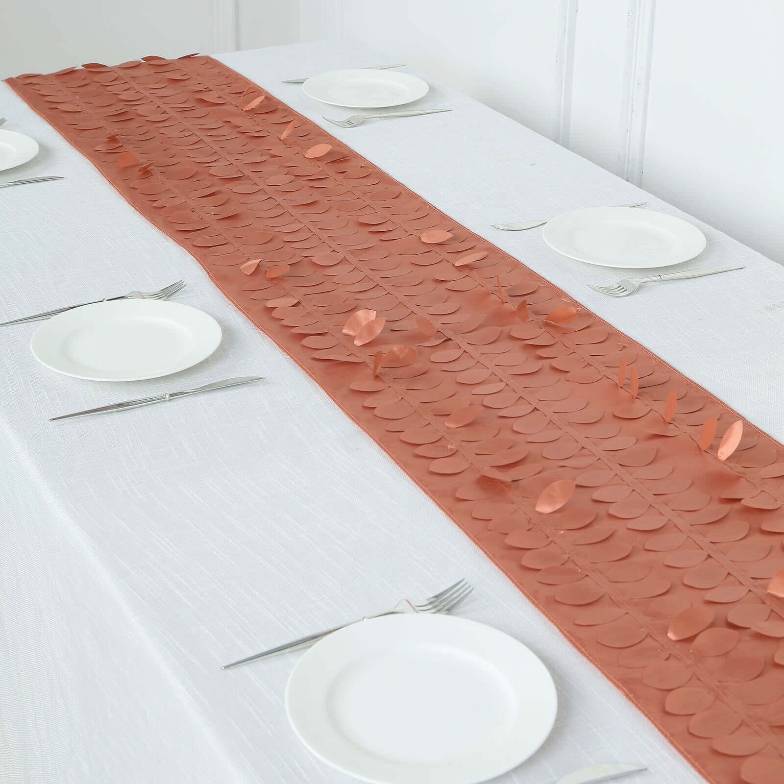 Taffeta Fabric 12x108 Table Runner Terracotta (Rust) - 3D Leaf Petal Design