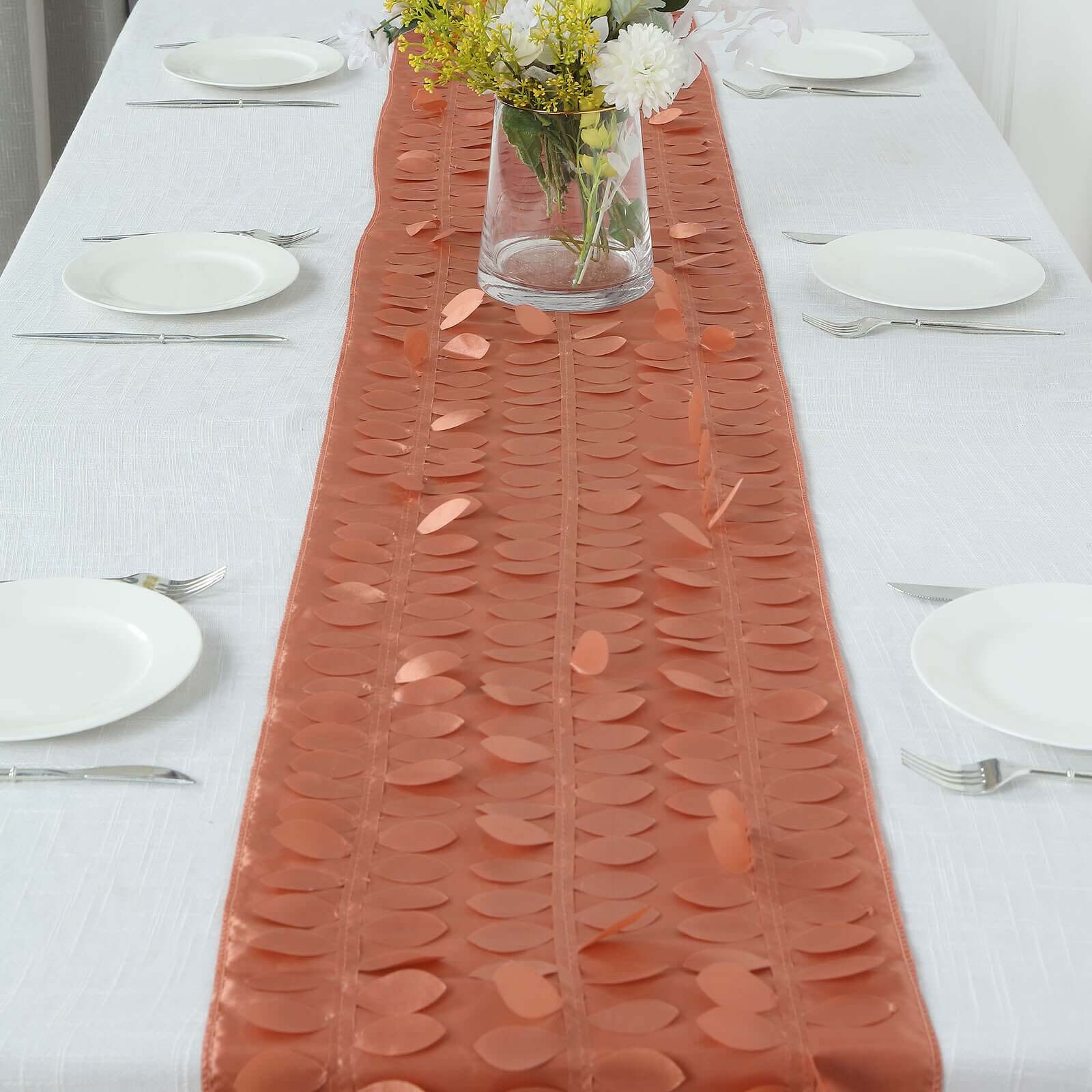 Taffeta Fabric 12x108 Table Runner Terracotta (Rust) - 3D Leaf Petal Design