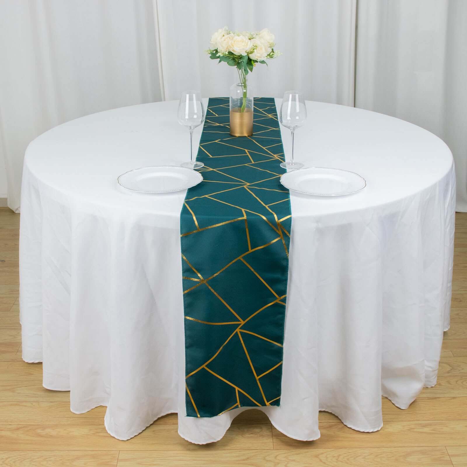 Polyester 9ft Table Runner Peacock Teal with Gold Foil Modern Geometric Accent