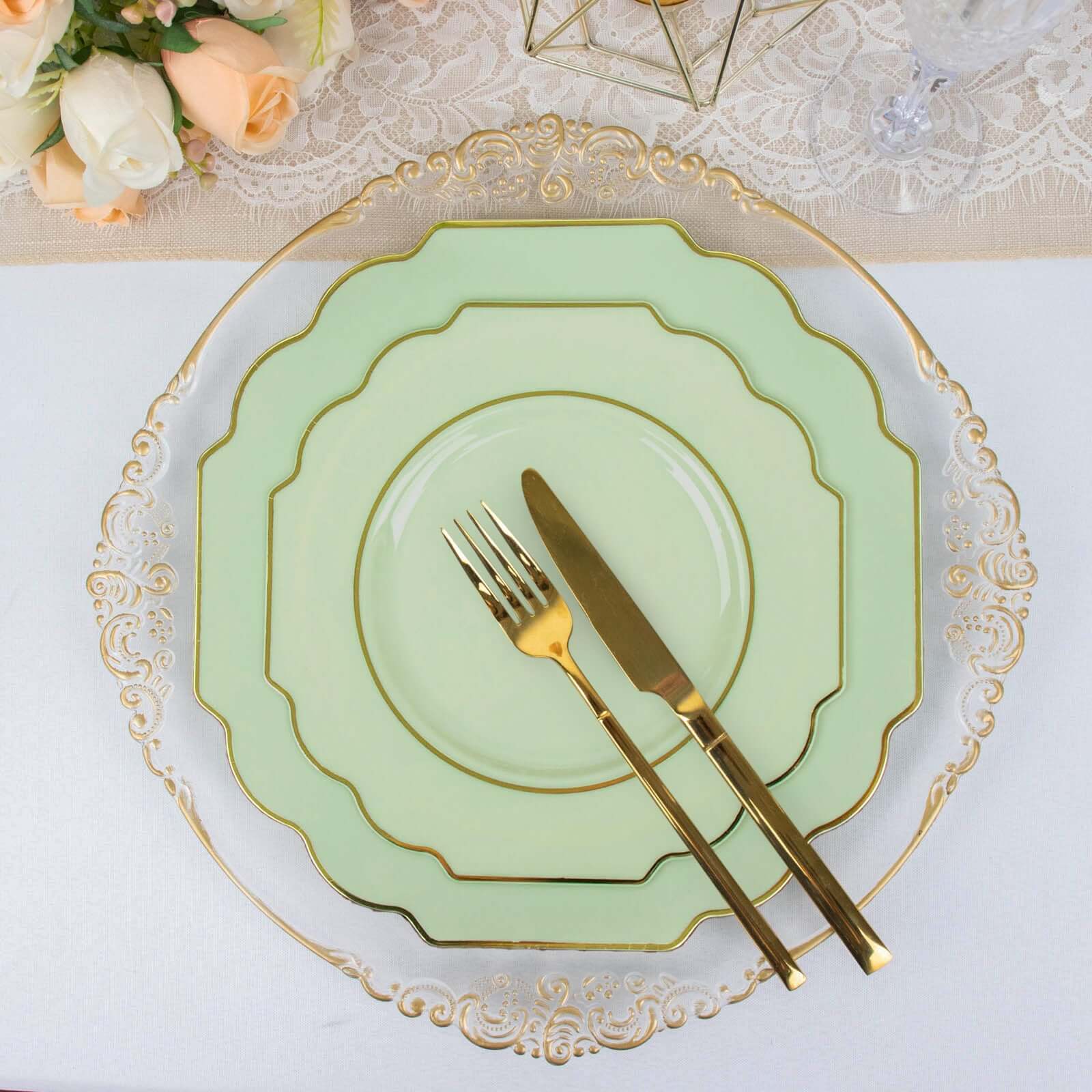 10-Pack Plastic Dessert Appetizer Plates in Sage Green Baroque Design with Scalloped Gold Rim - Heavy Duty Disposable Salad Plates 8