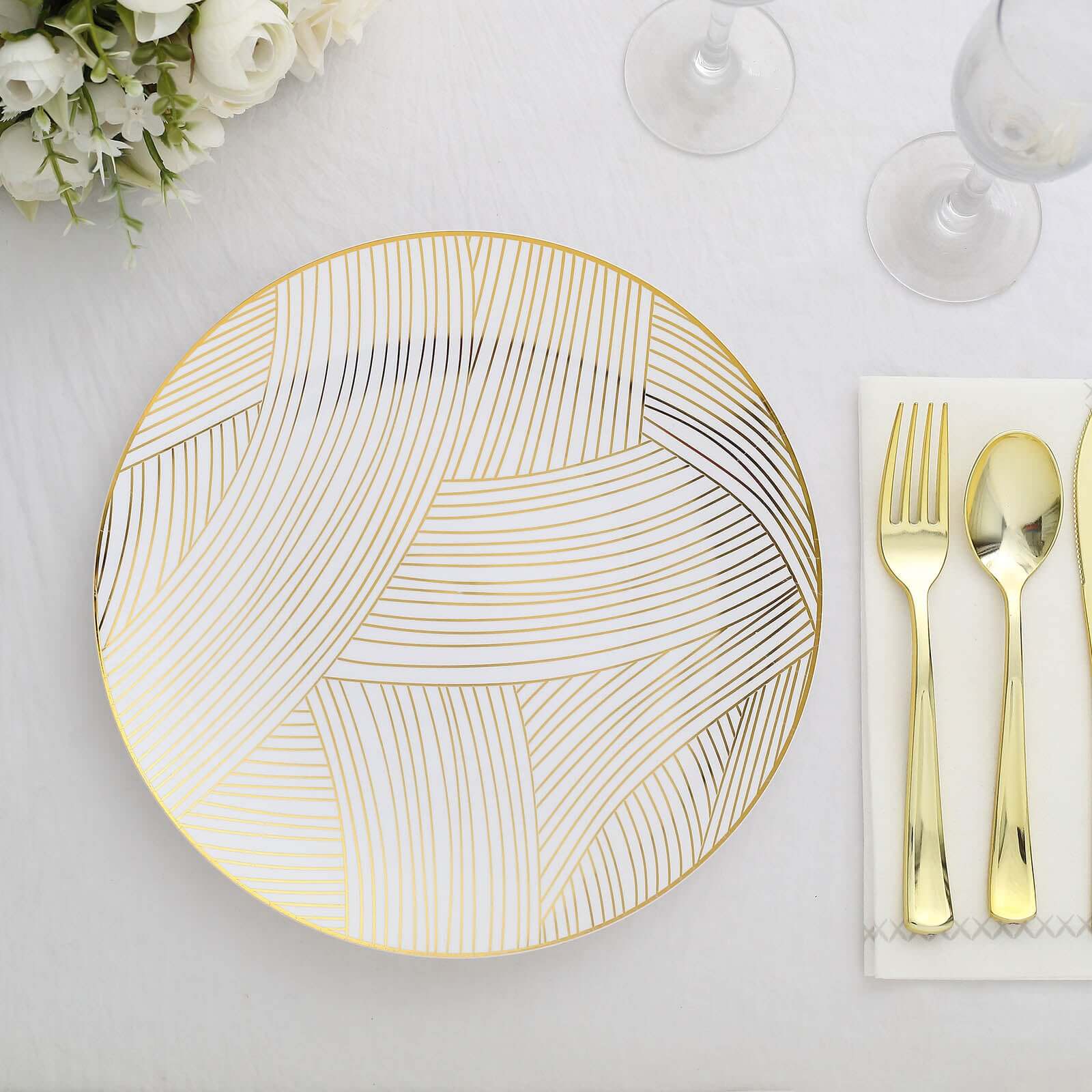 10-Pack Plastic 10 Round Dinner Plates in White with Gold Wave Brush Strokes Pattern - Disposable Party Plates for Modern & Classy Table Decor