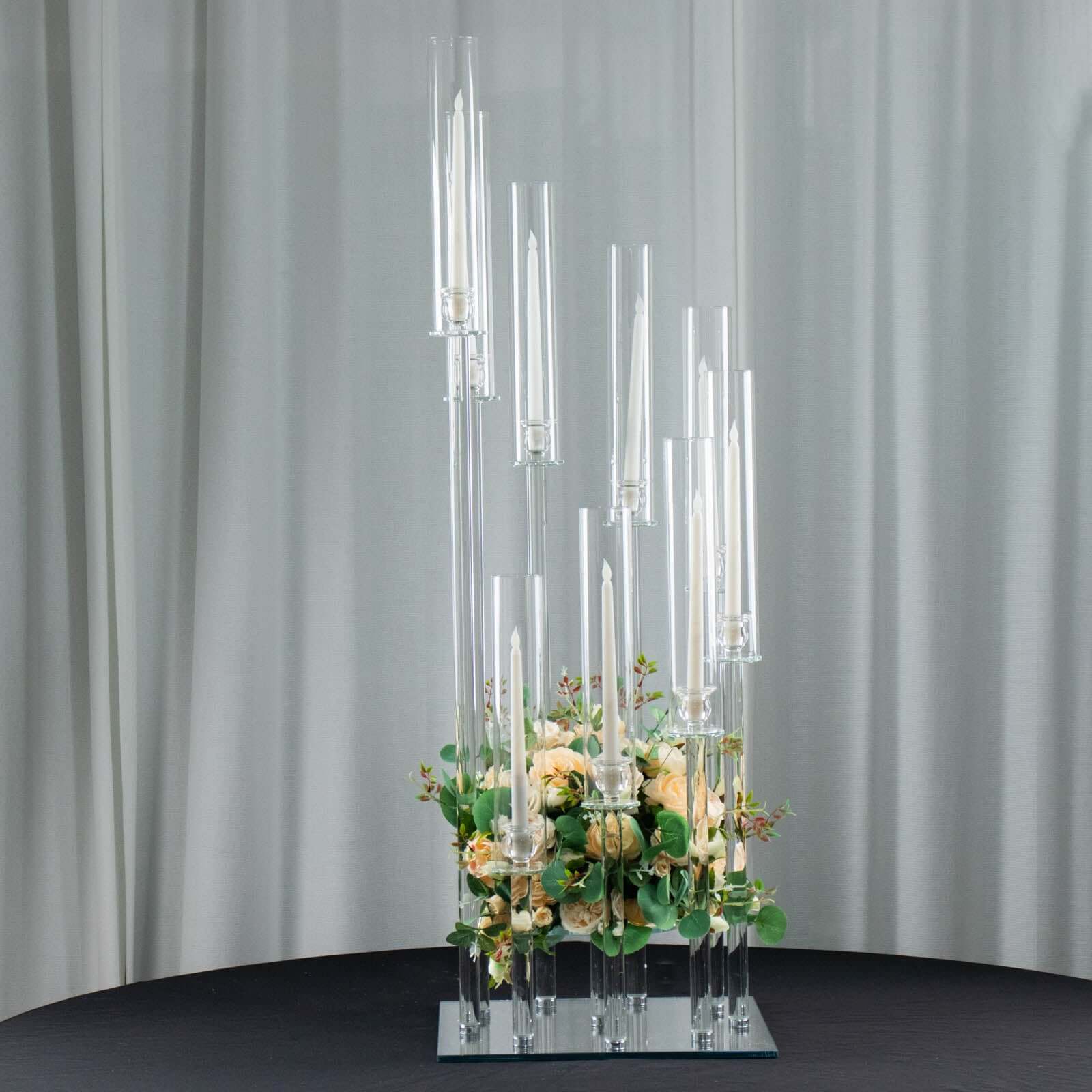 Crystal Glass Cluster Candelabra Pedestal Stand - Square Hurricane Taper Candle Holder Table Centerpiece 4ft