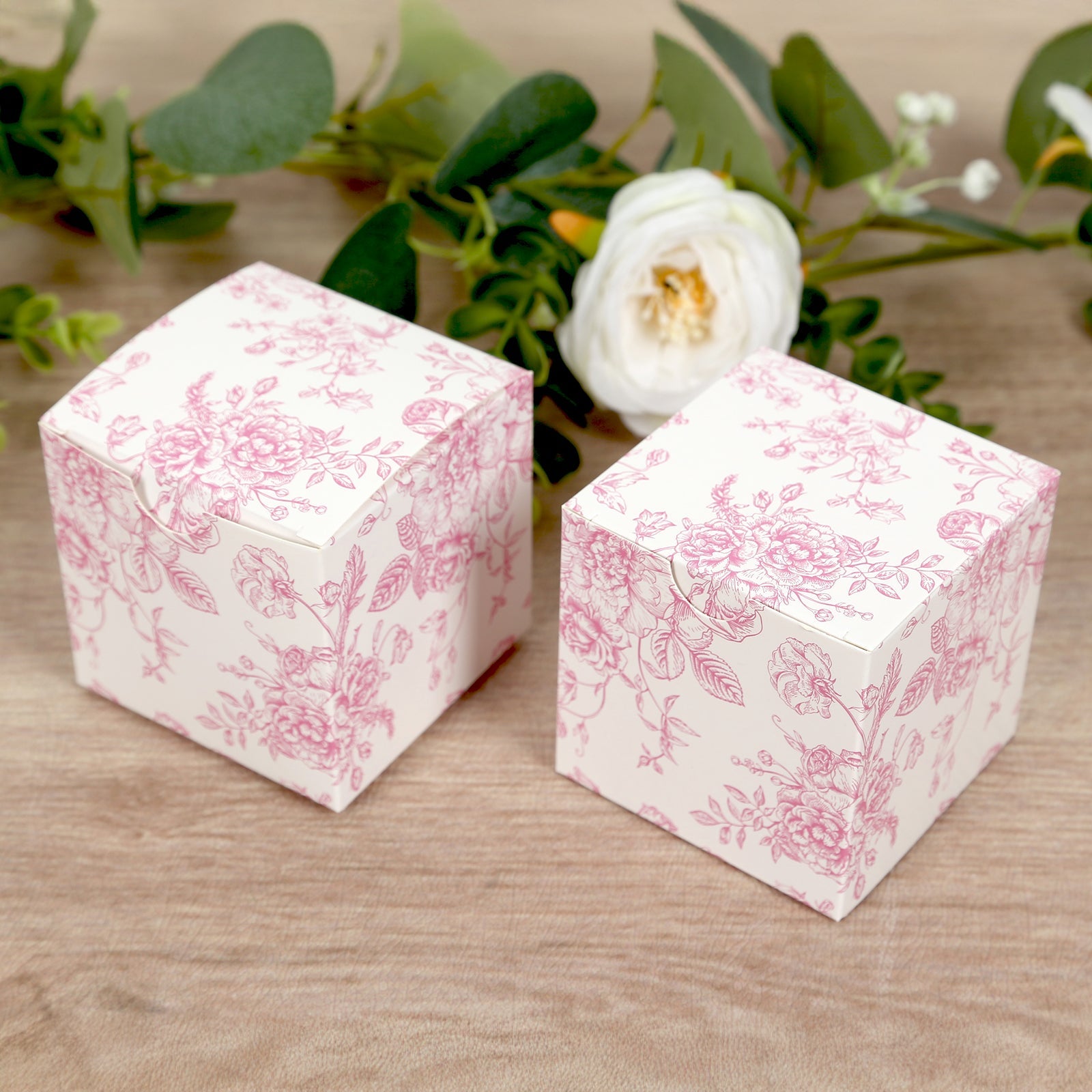 25 Pack Candy Treat Favor Boxes in French Toile Pattern - Matte Pink and White Party Gift Boxes, Cardstock Paper - 3x3