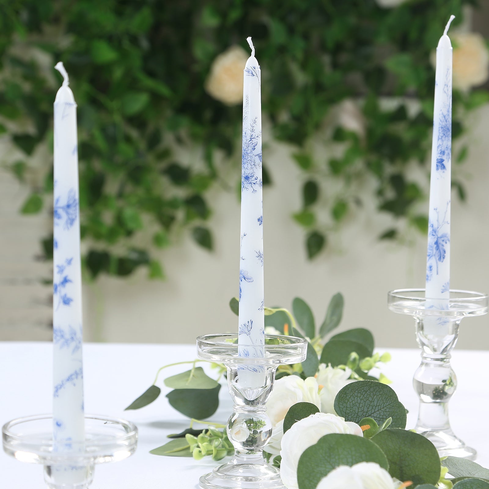 12 Pack 10 French Toile Wax Taper Candles White and Blue Unscented Candles