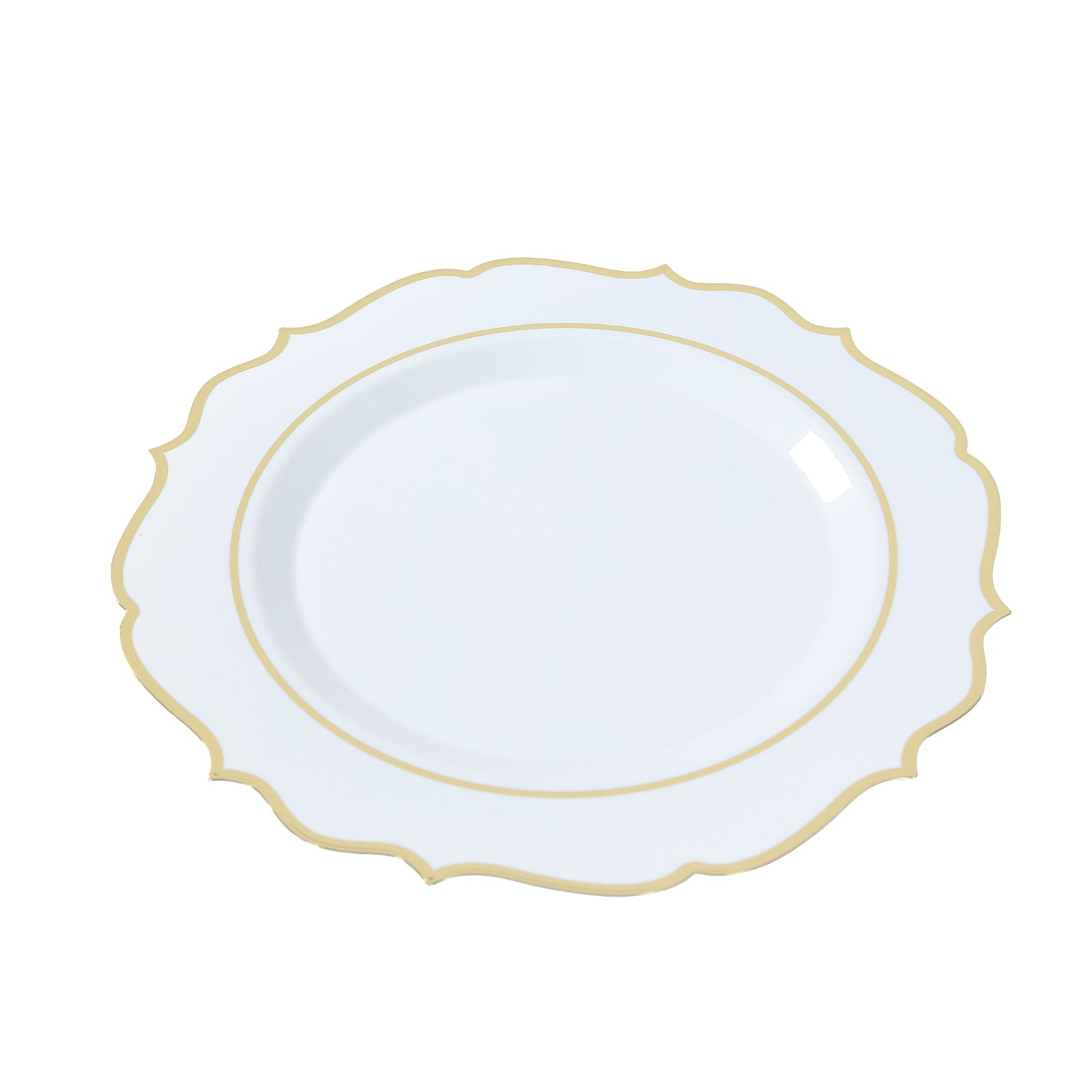 10-Pack Economy Plastic Round Charger Plates 13 in White with Gold Scalloped Rim, Decorative Dinner Party Serving Plates