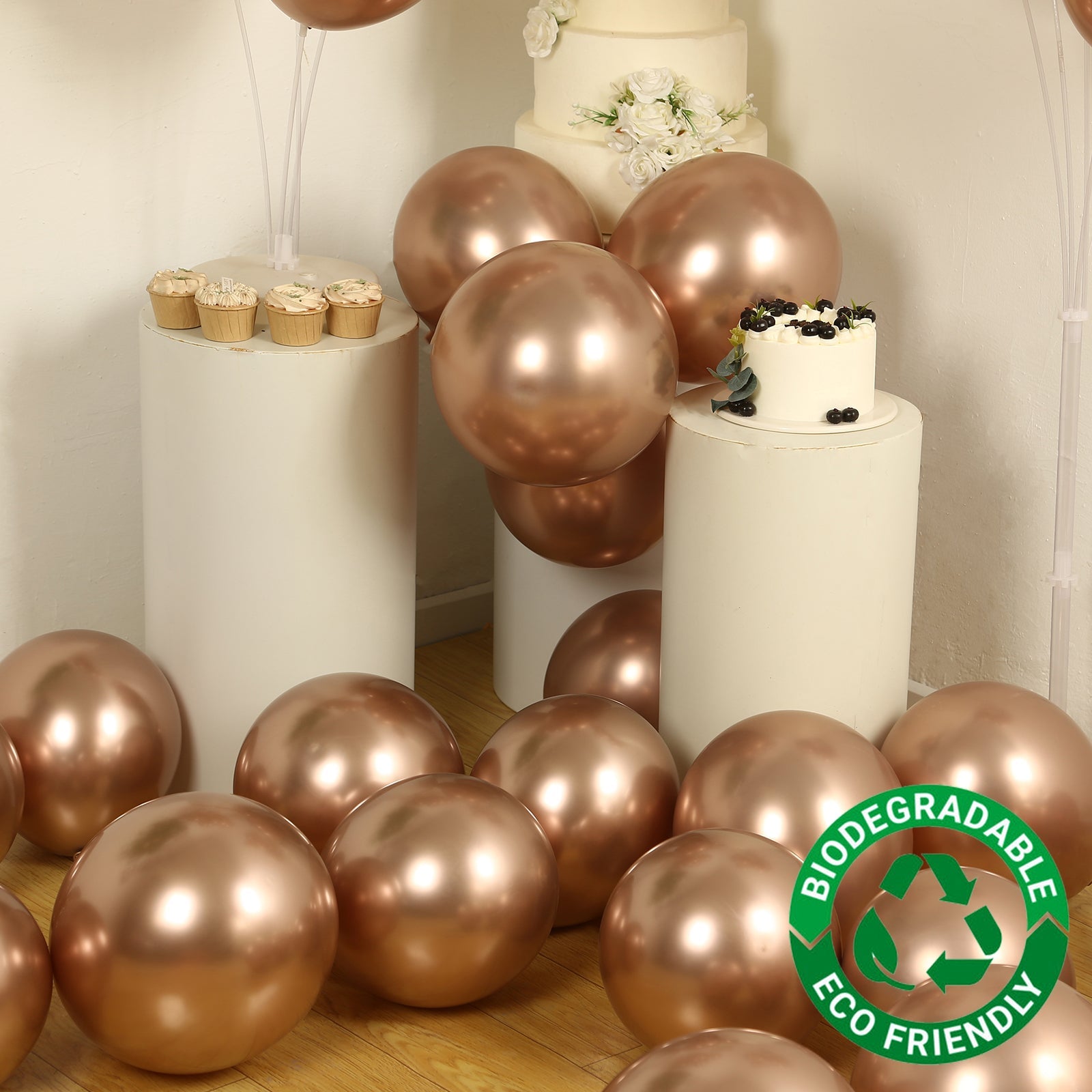 50 Pack Chrome Rose Gold Biodegradable Latex Balloons 12, Thick Eco Friendly Metallic Party Balloons